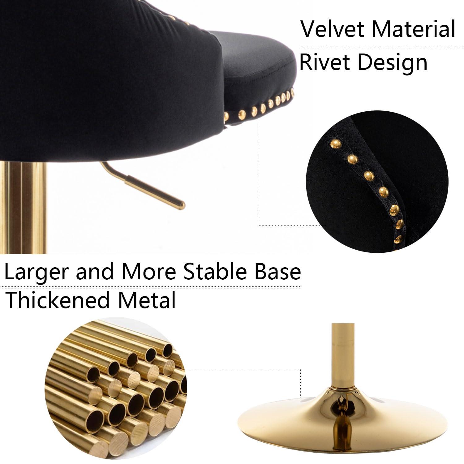 Gold Velvet Bar Stools Set of 2, Swivel Counter Height Bar Stools with Nailheads Trim and Button, Adjustable Barstools for Kitchen Island, Pub, Club (Black)