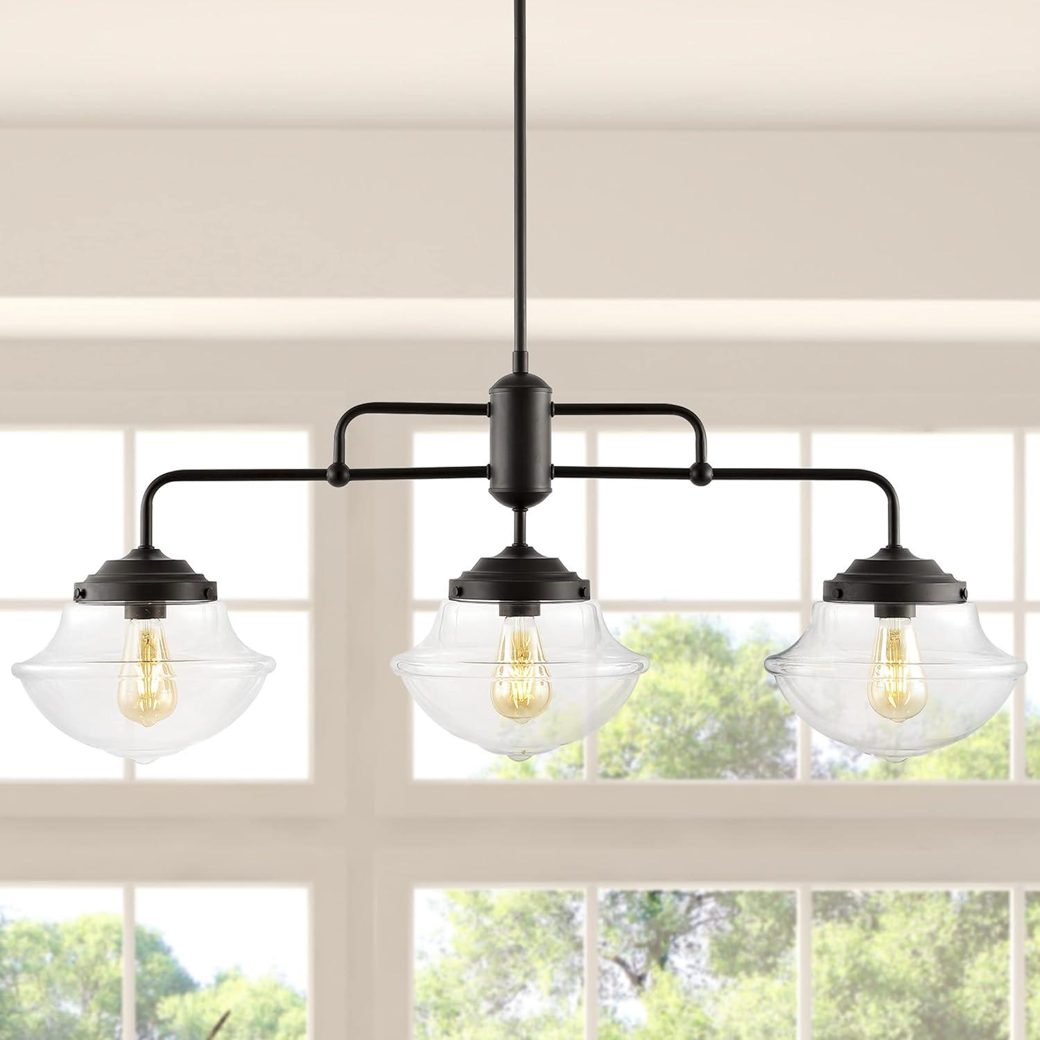 Avery 37.5" 3-Light Industrial Farmhouse Rustic Iron/Glass Linear LED Pendant, Oil Rubbed Bronze/Clear