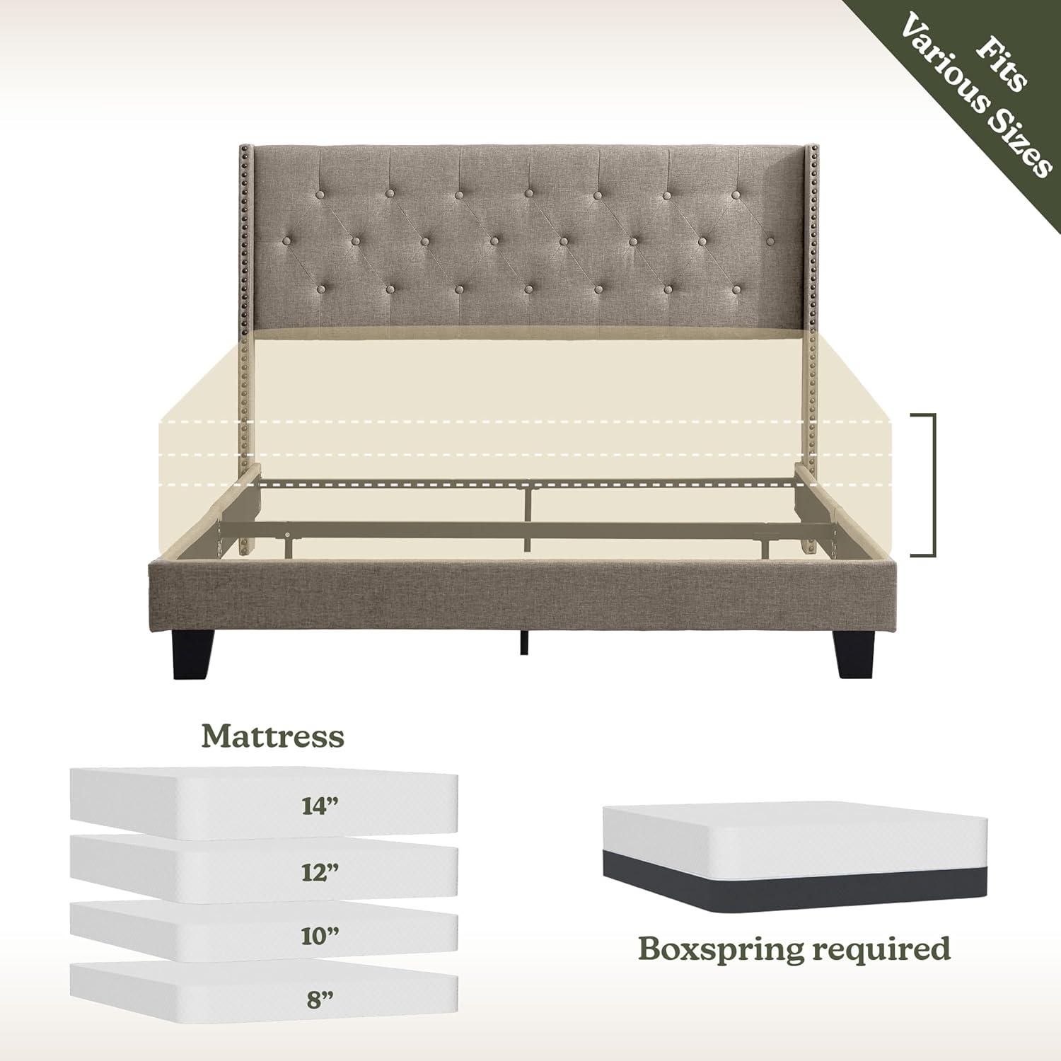 Hearth & Harbor Full Size Bed Frame with Wingback Headboard - Linen Platform, Button-Tufted Upholstered, Modern Double Bedframe, Box Spring Required, Beige