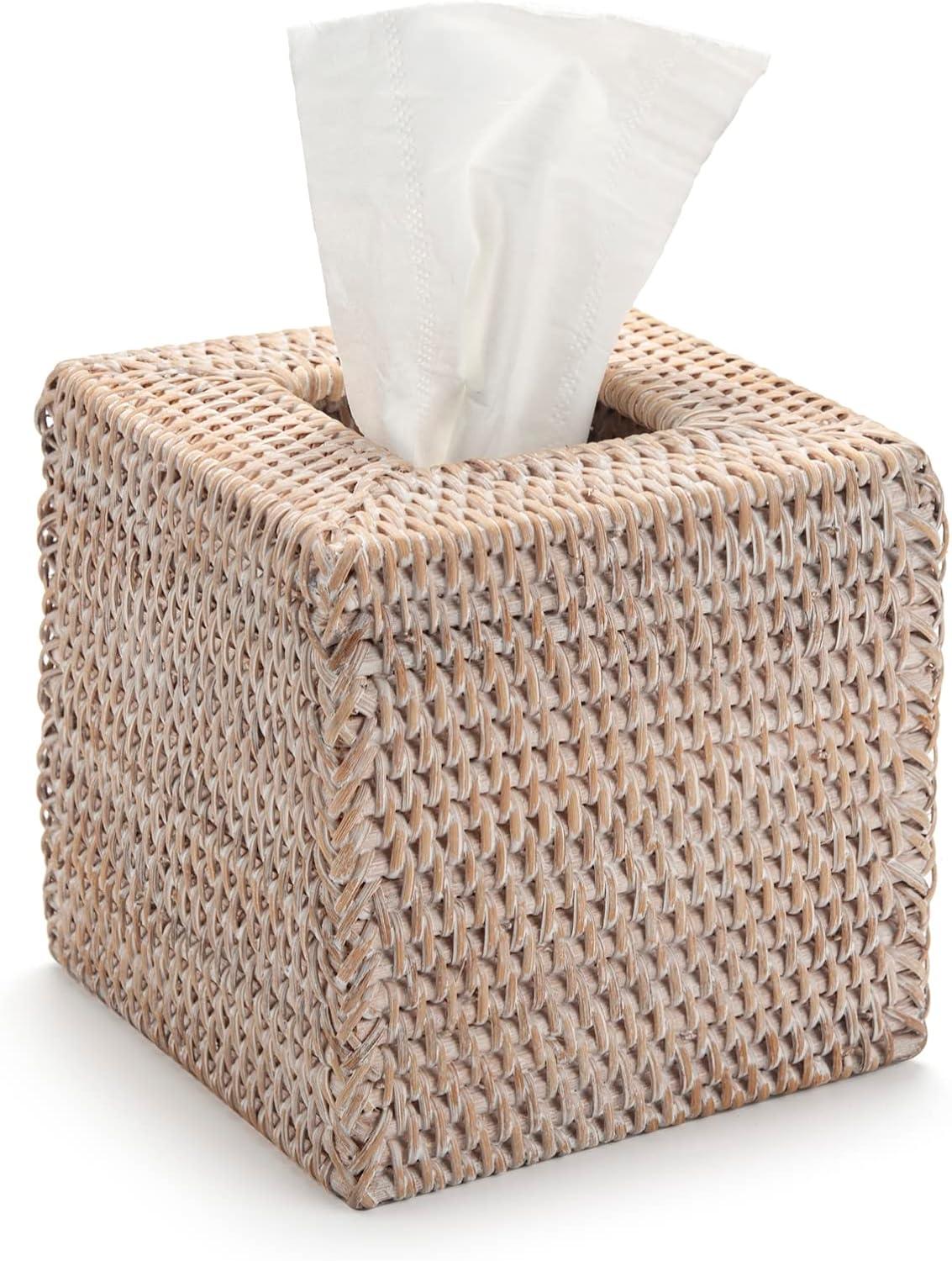 One Allium Way® Rattan Tissue Box Cover Natural Woven Facial Napkin Holder Square (White, 5.5X5.5X5.9 Inch)