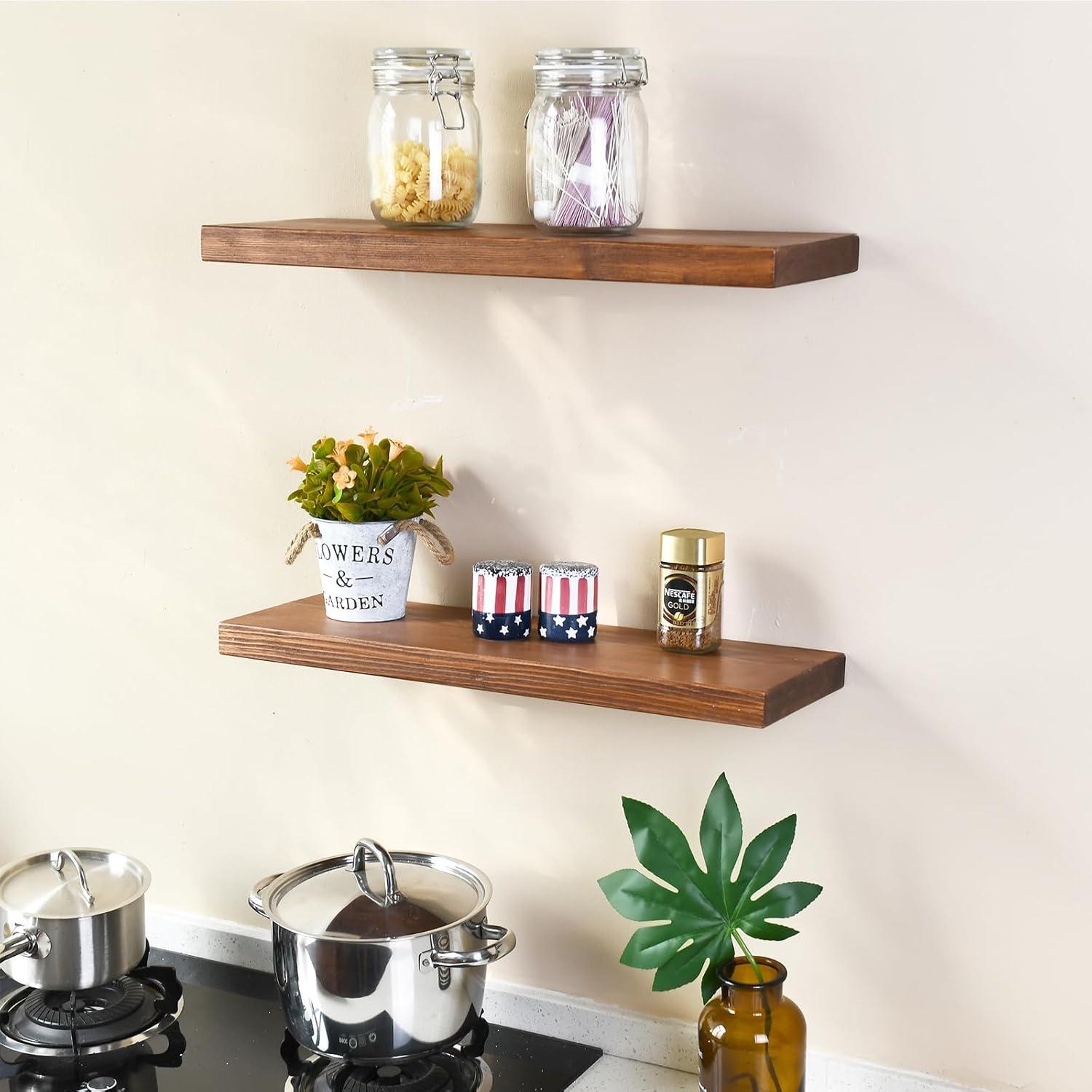 WELLAND Bradley Handmade Wood Floating Shelves Rustic Wall-Mounted Shelves, Set of 2, Walnut Finish