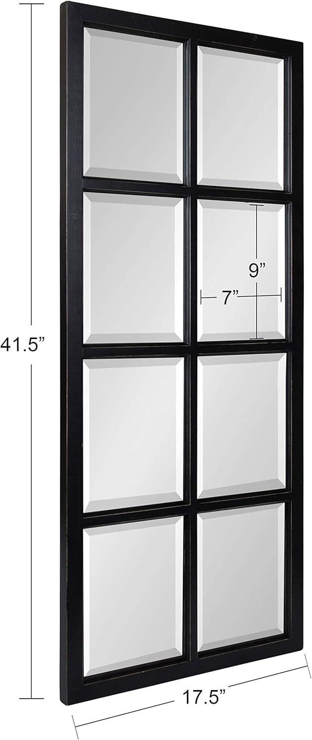 Kate and Laurel Hogan 8-Panel Windowpane Wood Wall Mirror, 18 x 42, Distressed Black, Chic Window-Inspired Wall Accent