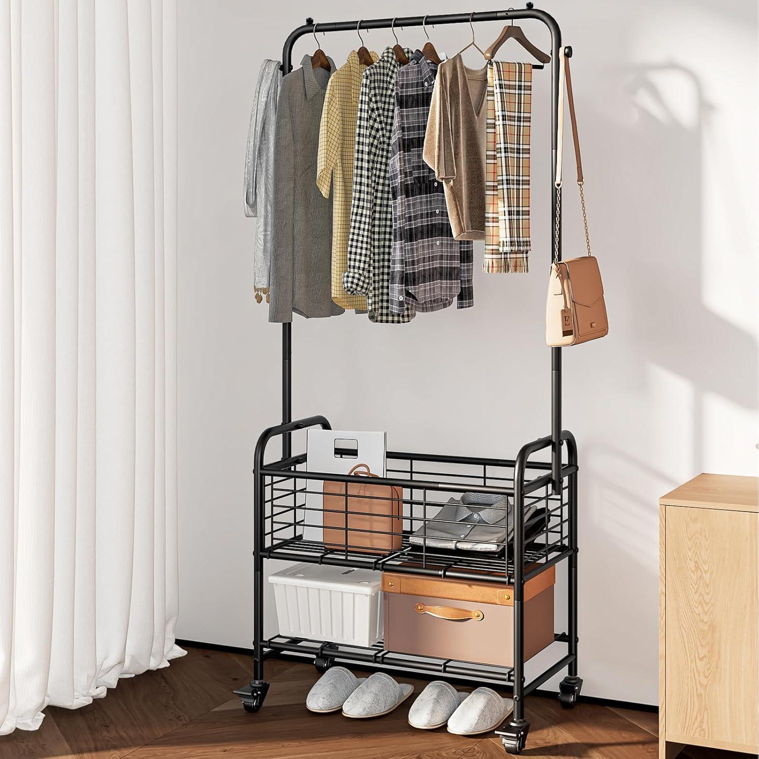 Black Metal Laundry Sorter with Wheels and Hanging Rack