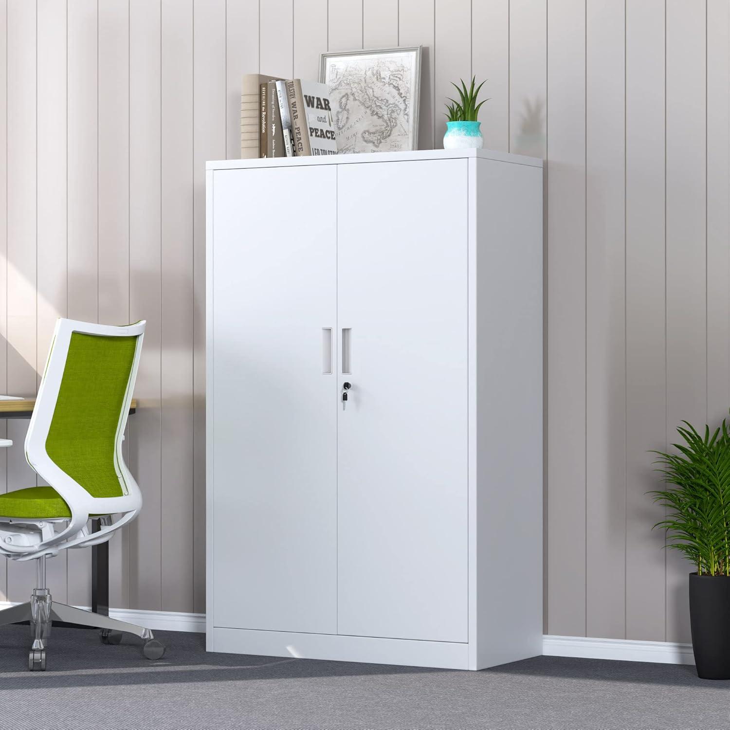 Metal Storage Cabinets with Shelves and Doors, Sideboard Buffet Cabinet for Kitchen, Entryway, Living Room, Home Office, Garage, Utility Room and Basement, 36.2" H x 31.5" W x 15.7" D (White)