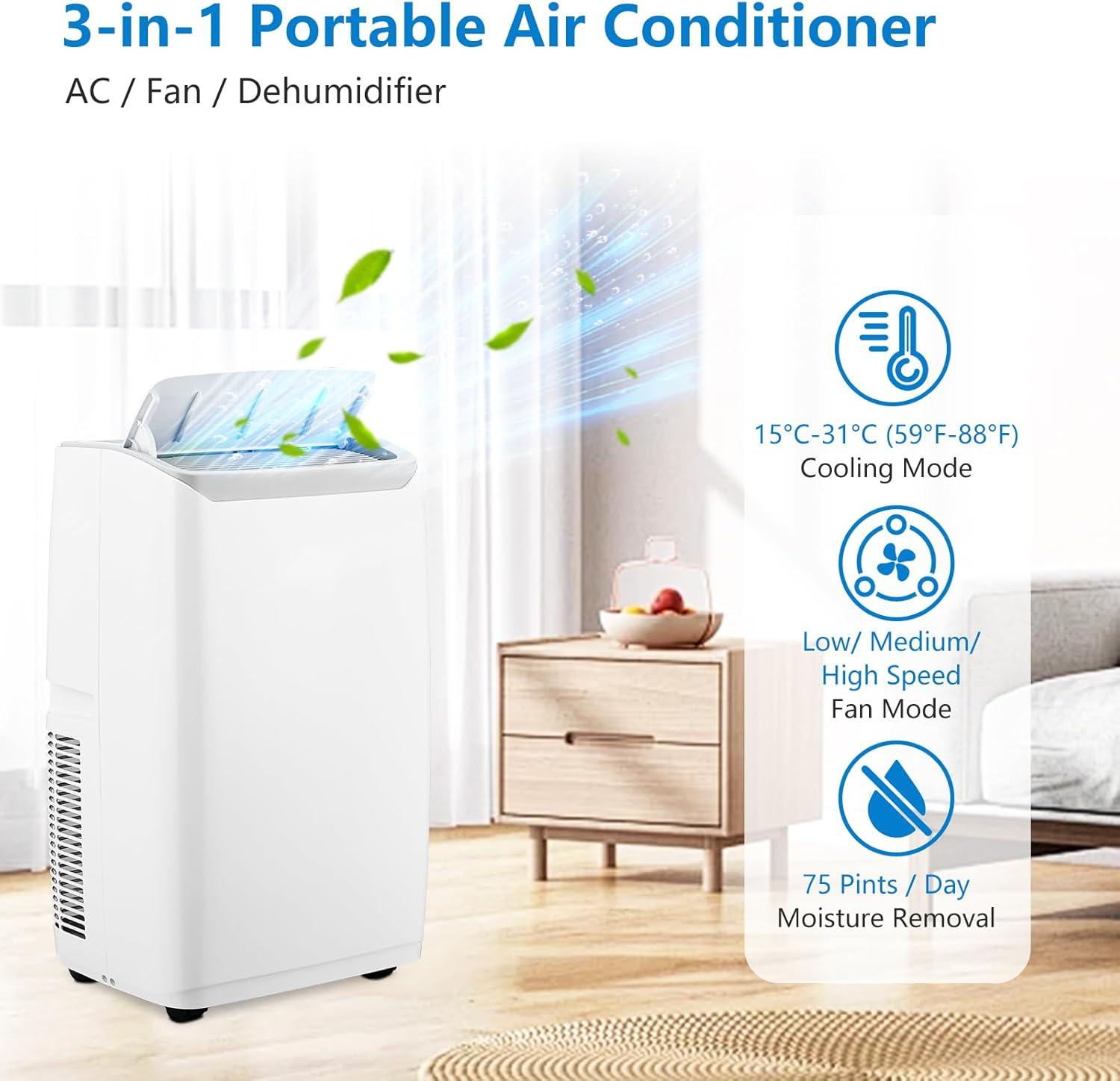 White 14000 BTU Portable Air Conditioner with Remote and Sleep Mode