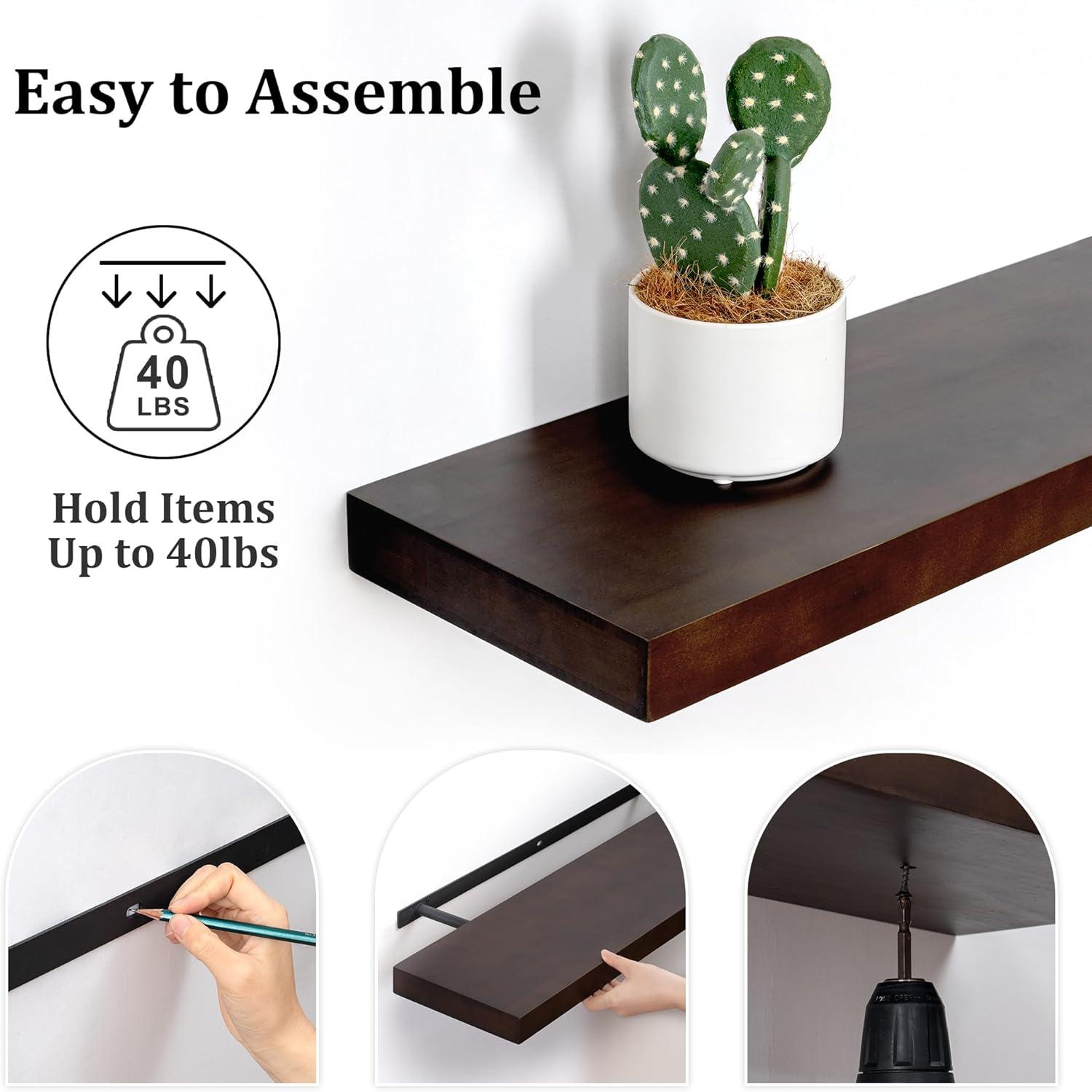 24 Inch Floating Shelves Set of 2, Rustic Solid Wood Wall Mounted Shelves for Decor & Storage, Dark Walnut Shelves for Bedroom Kitchen Living Room - Dark Walnut