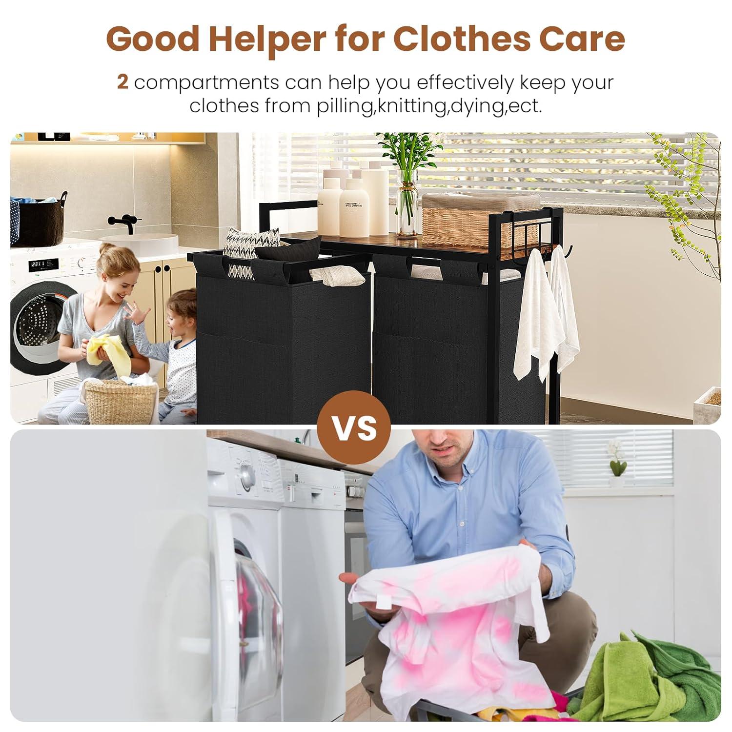 VASAGLE 46L Laundry Hamper Laundry Basket with 2 Pull-Out Bags Laundry Sorter with Shelf Rustic Brown and Black