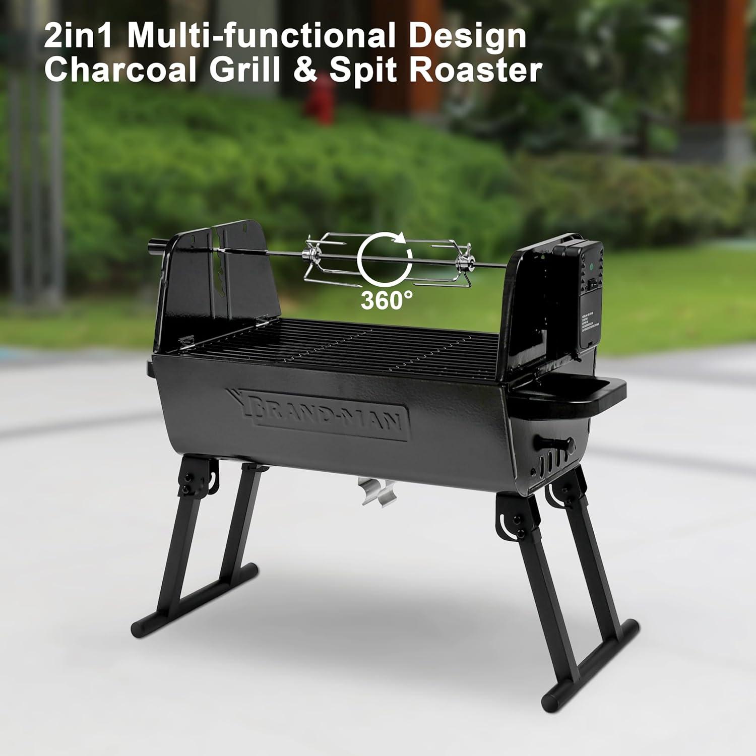 Brand-Man 2 in 1 Charcoal Grill with Rotisserie Grill Kit, Portable ‎Enameled Steel Barbecue Grill, Stainless Steel Spit Roaster with Motor & Adjustable Height for Backyard Camping Patio Tailgating