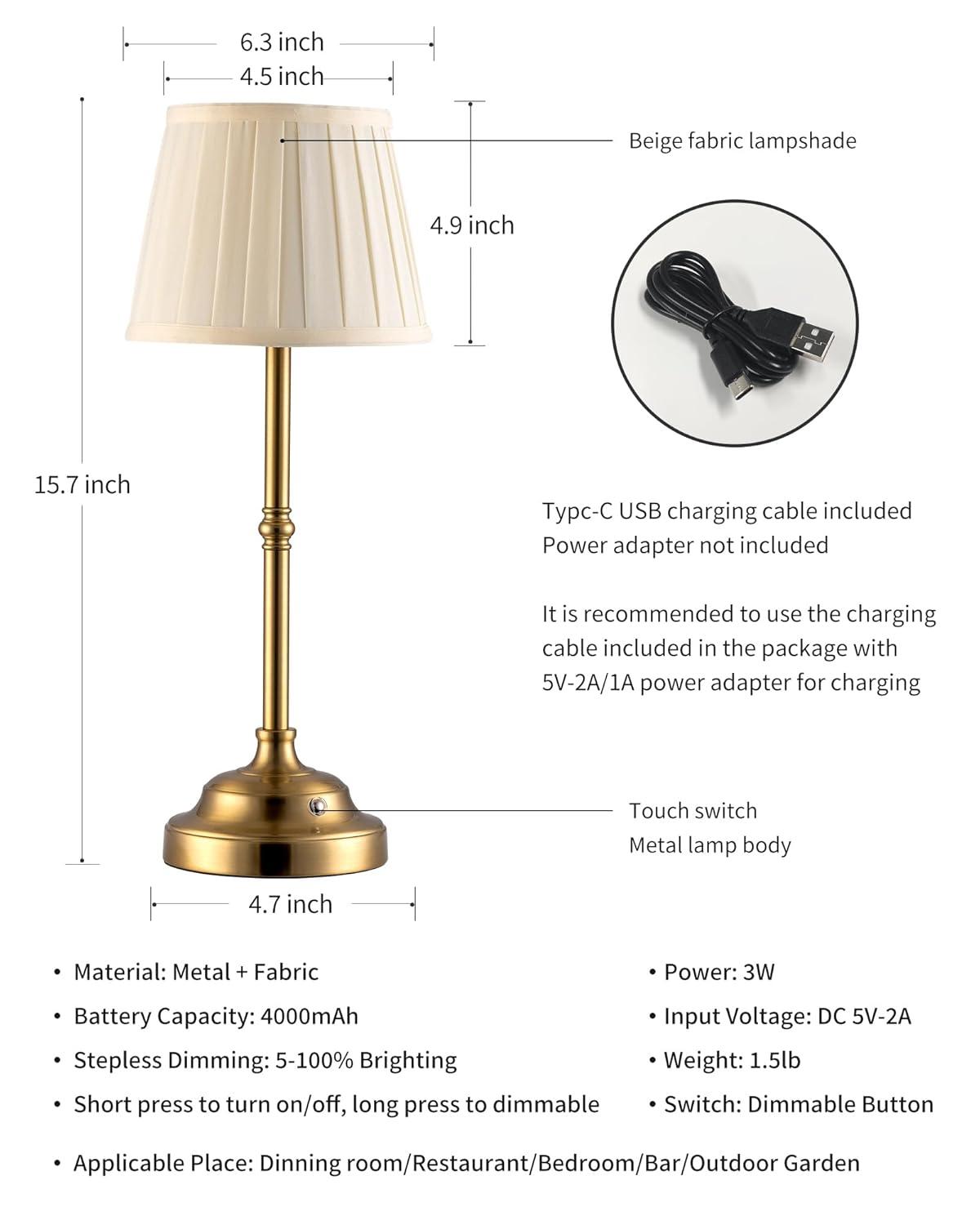 KDG Cordless LED Table Lamp Set of 2, Portables Fabric Shade Desk Lamps, 4000mAh Rechargeable Battery Powered Lighting, Dimmable Light for Dining Room, Bedroom, Bedside, Night Light, Balcony (Bronze)