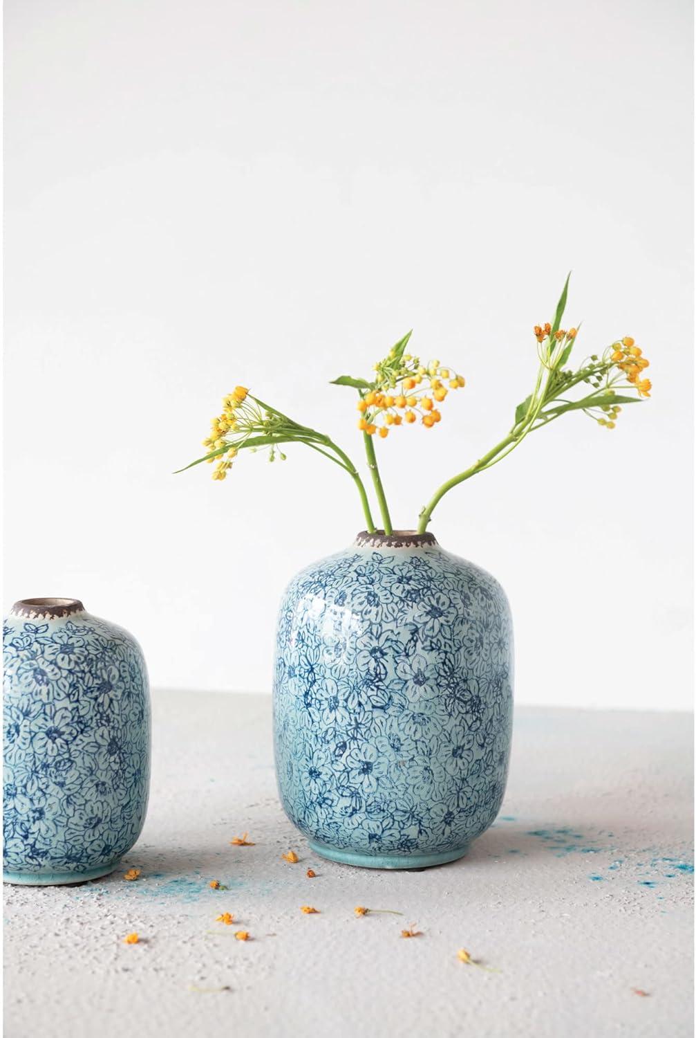 Distressed Blue Ceramic Floral Bouquet Vase 6.5" H