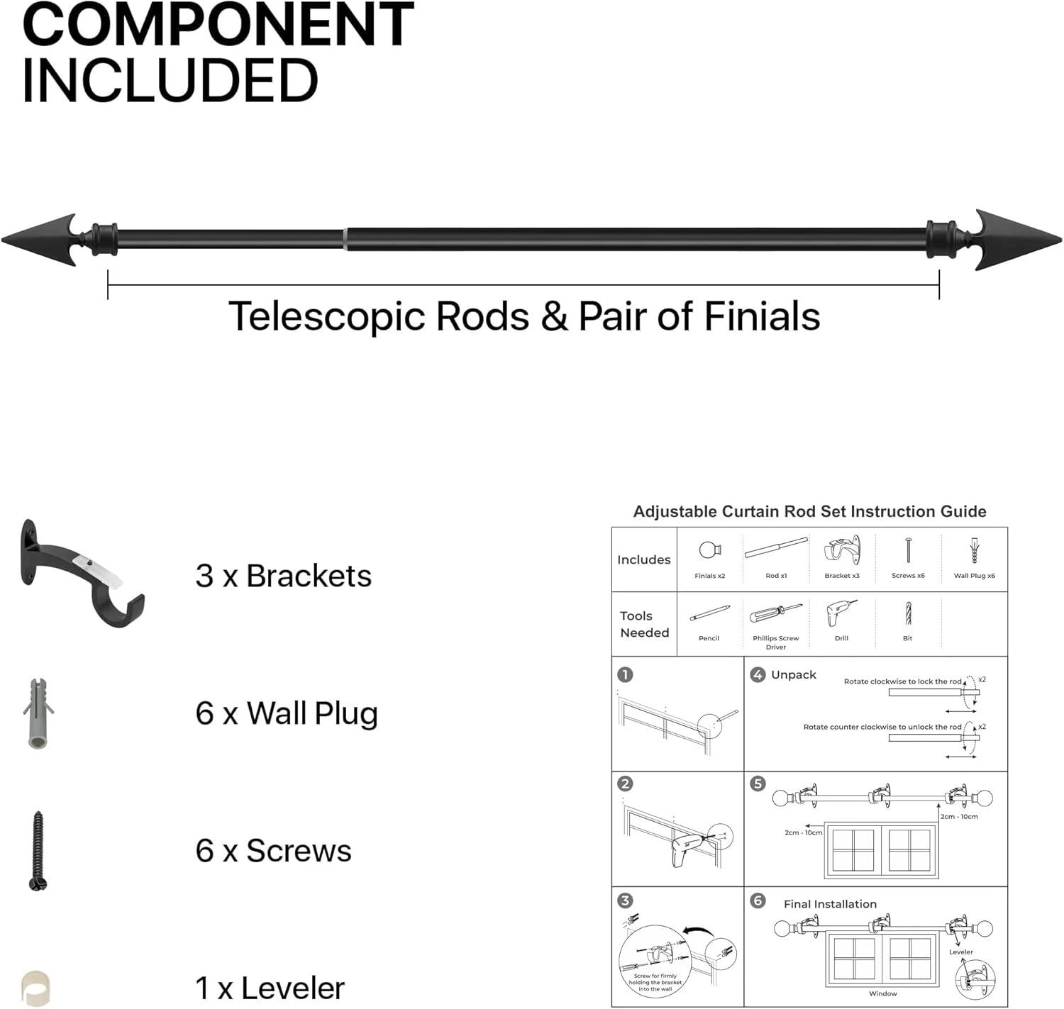 Deco Essential 66 to 120 inches Extendable Curtain Rod for Windows with Flat Arrow Finials (3/4" Diameter, Black)