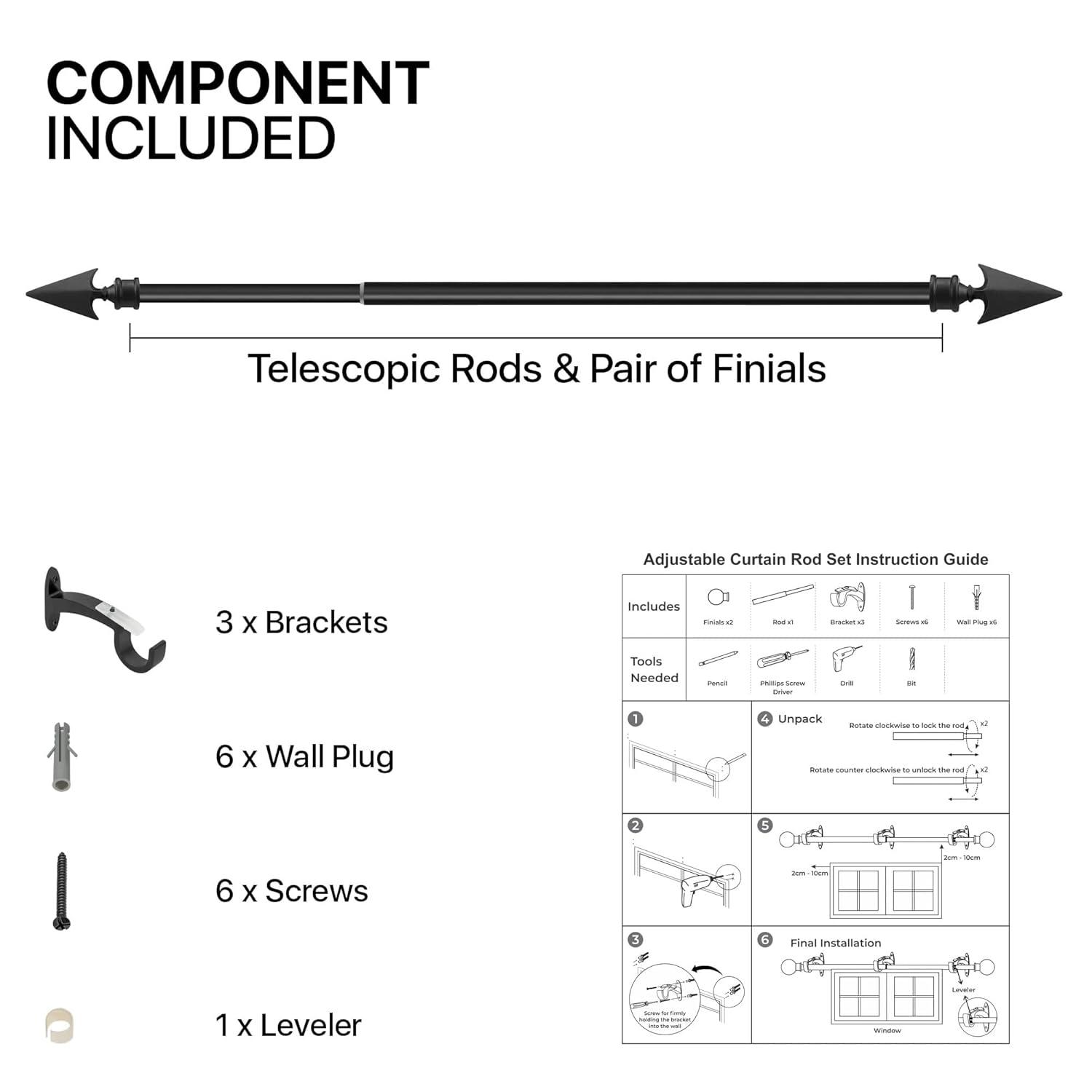 Deco Essential 66 to 120 inches Extendable Curtain Rod for Windows with Flat Arrow Finials (3/4" Diameter, Black)