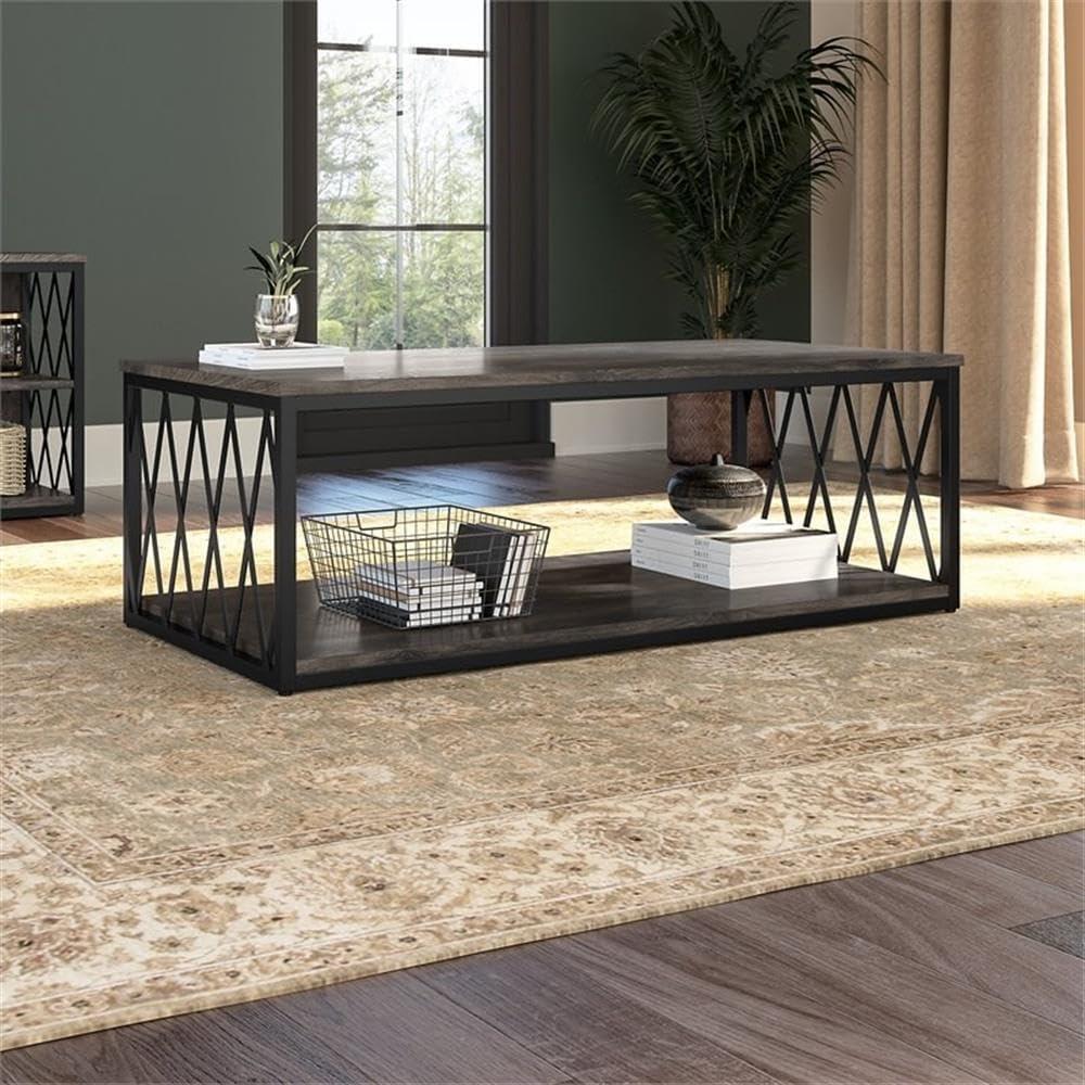 Industrial Rectangular Black and Brown Coffee Table with Storage