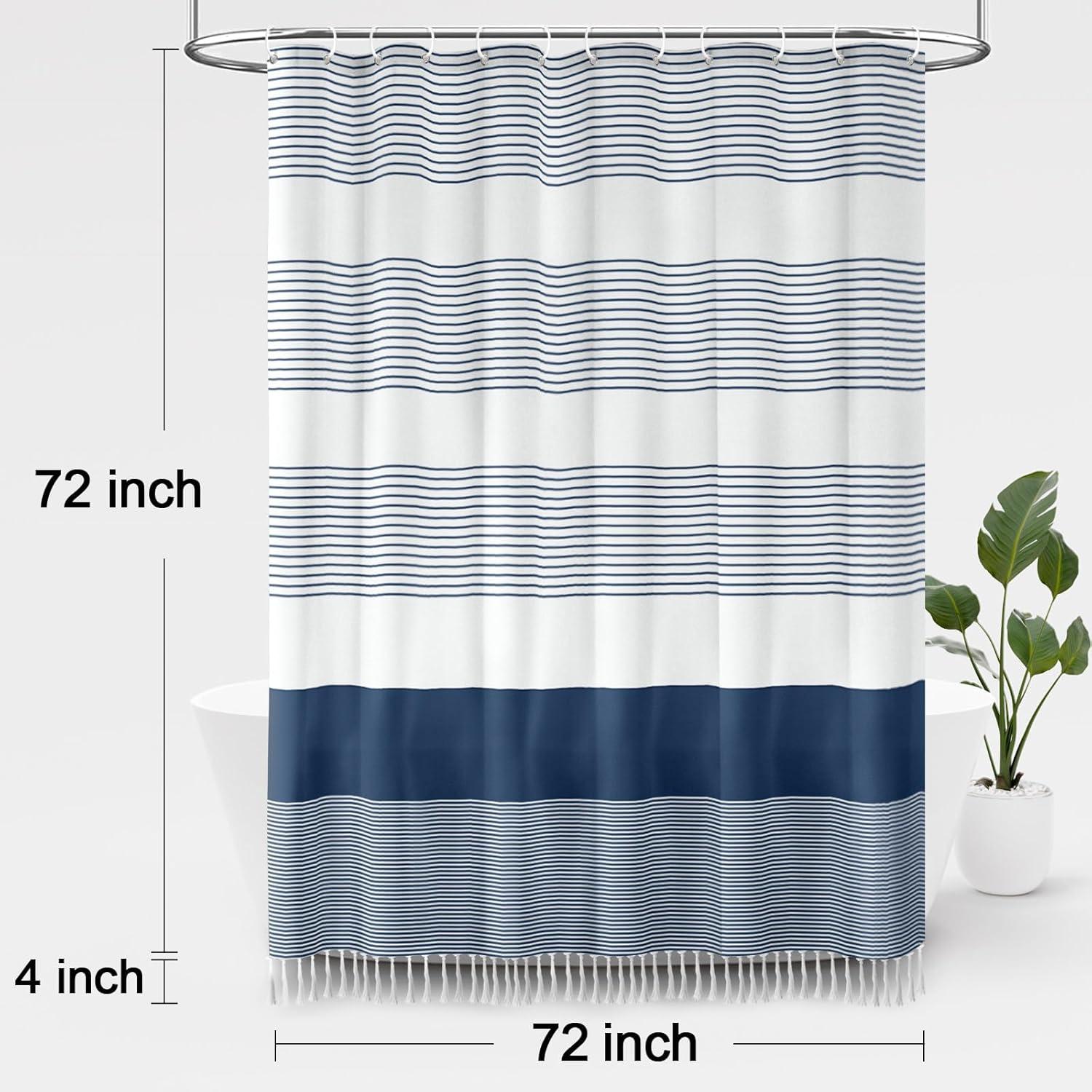bufftieo Navy Blue and White Shower Curtain for Bathroom Boho Striped Fabric Modern Farmhouse Tassel Shower Curtain Sets - 72" x 72"