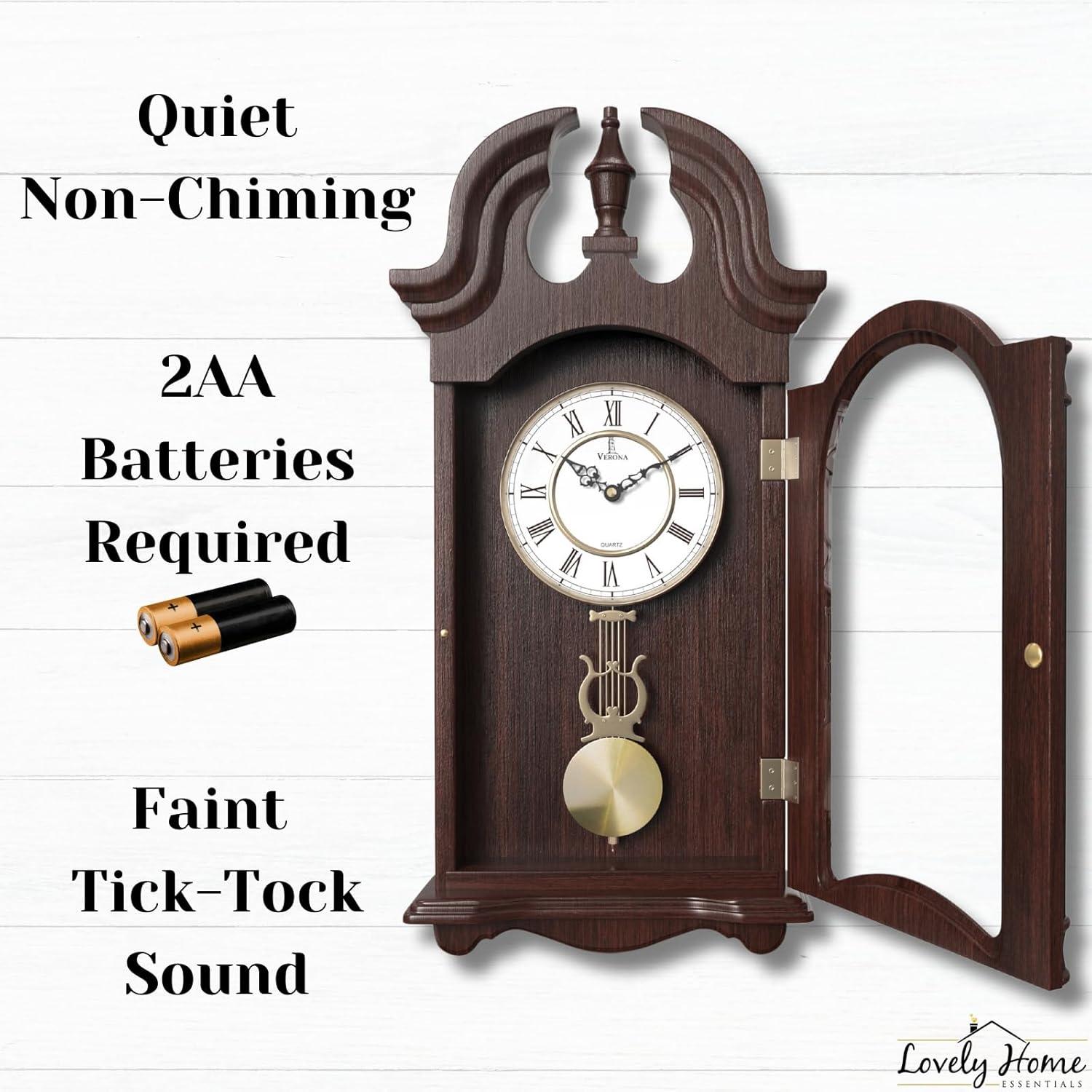 Pendulum Wall Clock, Silent Decorative Wood Pendulum Clock with Swinging Pendulum, Battery Operated, Dark Wooden Design, for Living Room, Dining Room, Kitchen, Office & Home Décor, 23.5x9.25 Inch