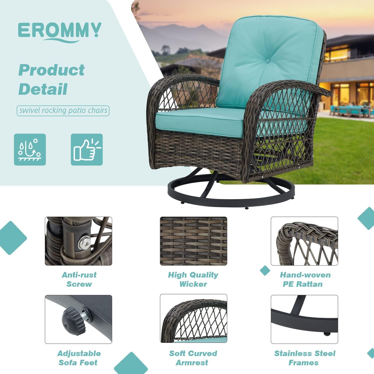 ELPOSUN 3 Pieces Patio Furniture Set, Outdoor Swivel Gliders Rocker, Wicker Patio Bistro Set with Rattan Rocking Chair, Glass Top Side Table and Thickened Cushions for Porch Deck Backyard