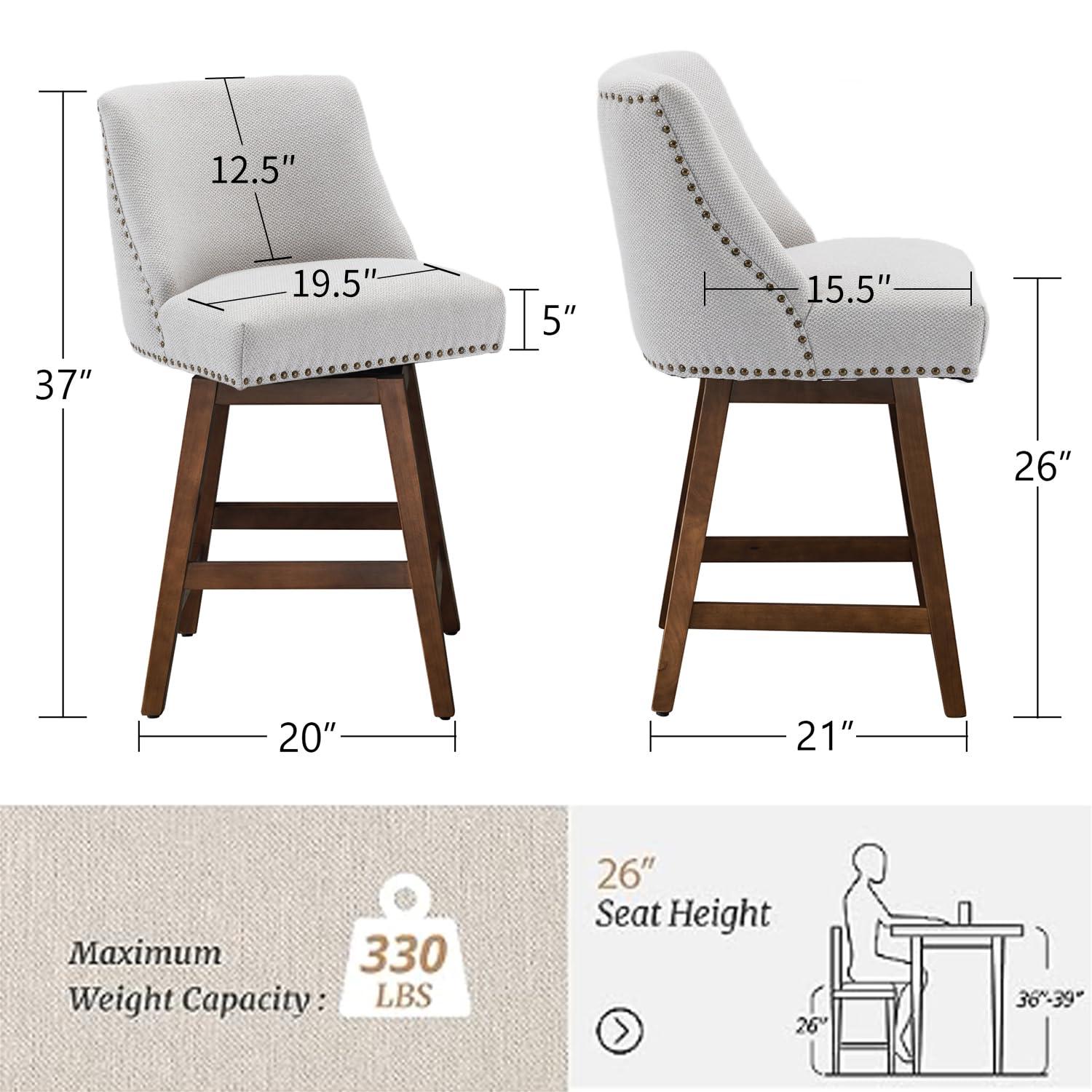 26" Swivel Bar Stools Set of 2, Modern Linen Fabric Counter Stools with Backs and Nail Head Design, Upholstered Barstools with Wood Frame for Kitchen Island, Beige