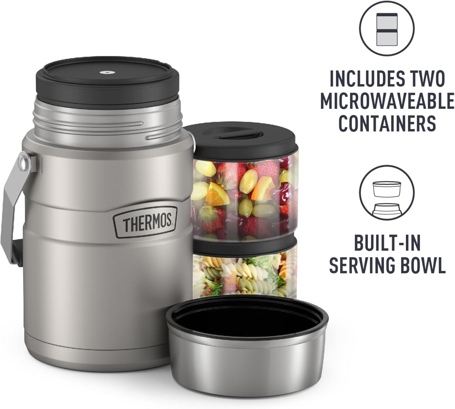 Thermos Stainless King Vacuum Insulated Food Jar with Folding Spoon & 2 Containers, Matte Stainless, 47oz
