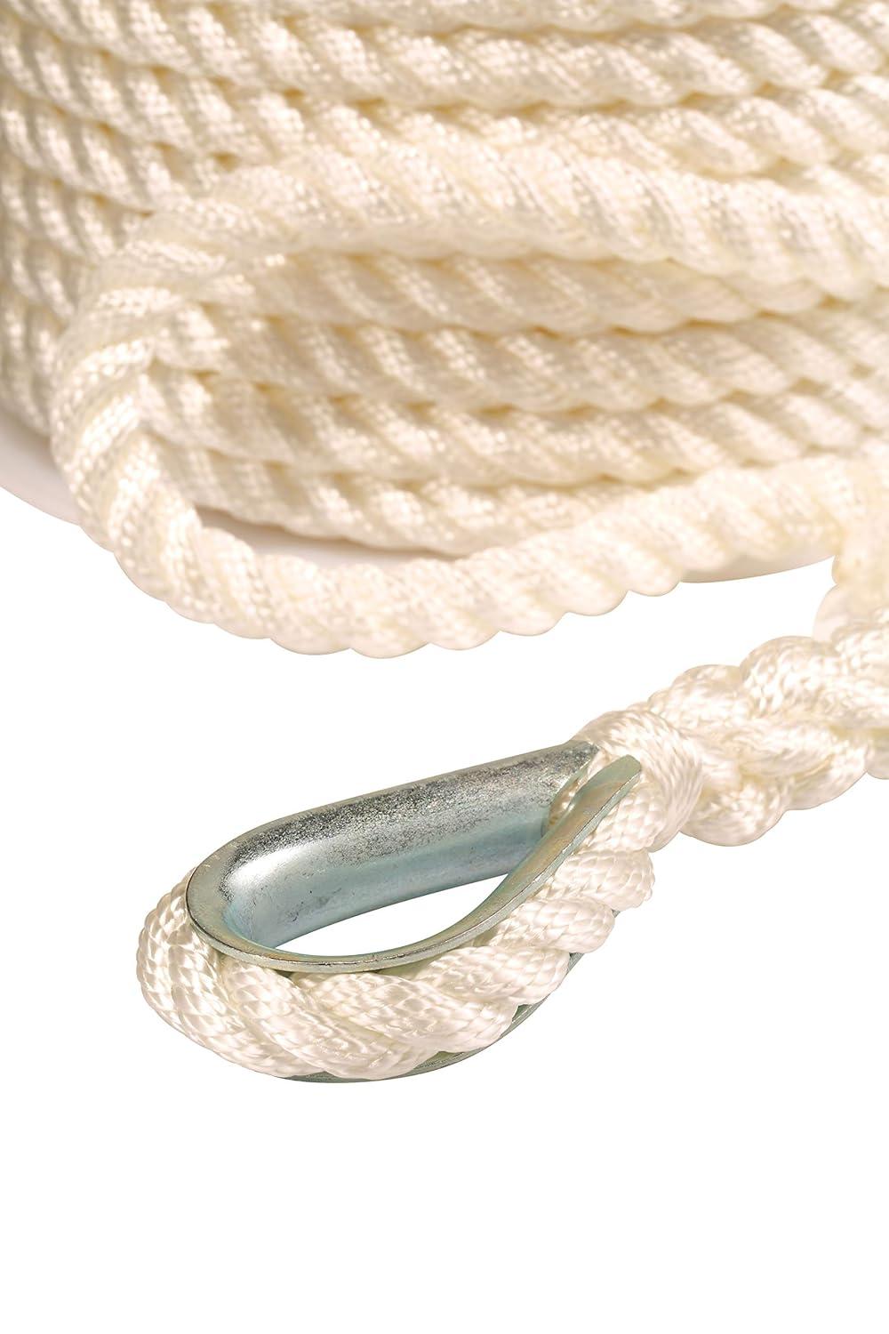 Attwood 117341 Premium 3-Strand Twisted Nylon Anchor Line with Thimble 3/8-Inch x 100-Feet, White