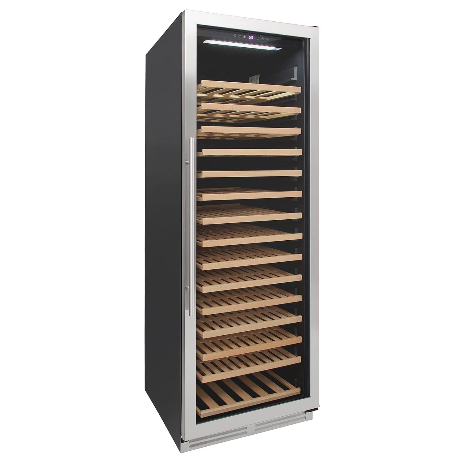 Avanti Wine Cooler Designer Series Freestanding Single-Zone Chiller, 176-Bottle Capacity with Wooden Pull-Out Shelves Double-Pane Reversible Glass Door, LED Display, 23.5-Inch, Stainless Steel