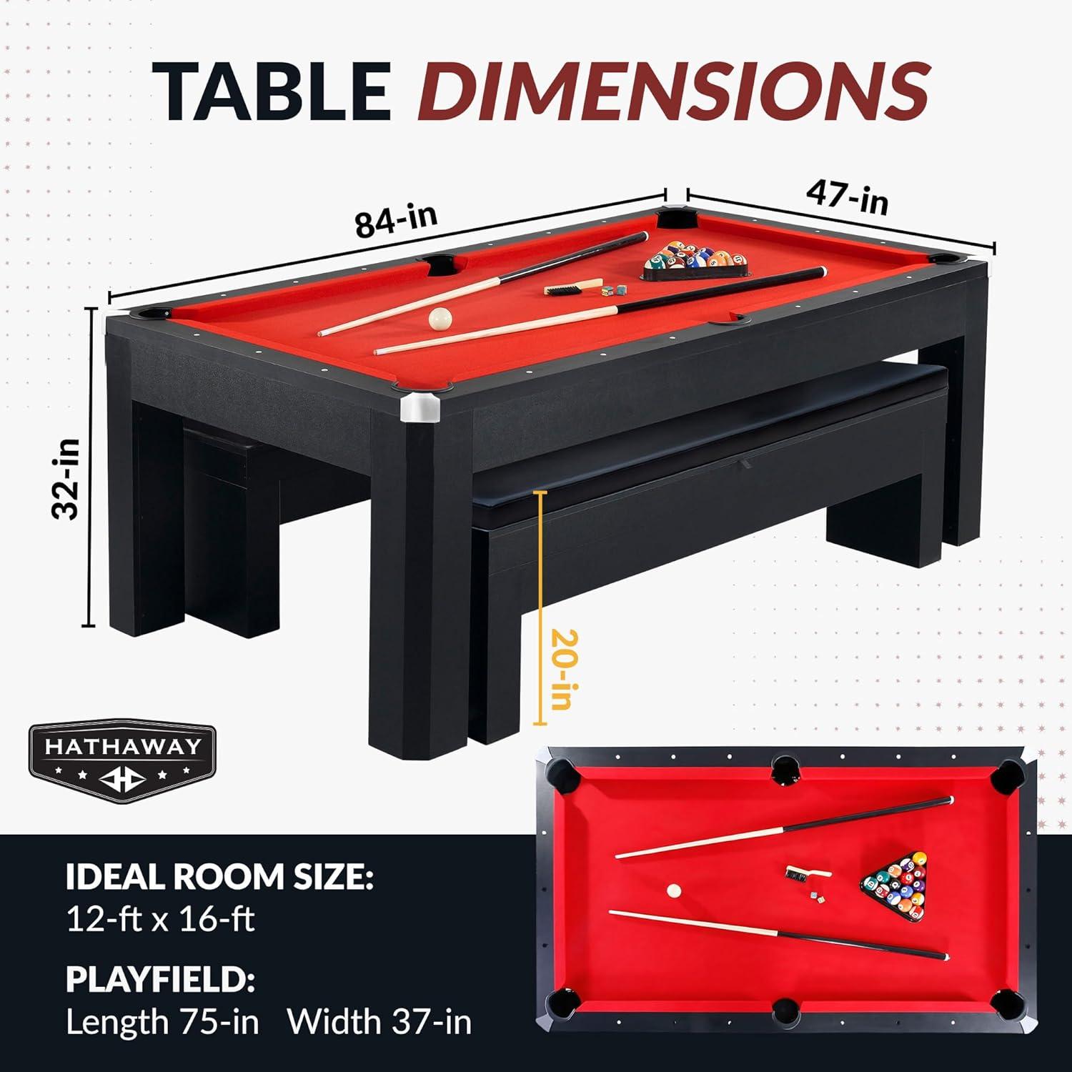 Hathaway Newport Stylish 7 Ft Multi Game Pool Table Combo with Dining Top and Ping Pong – Includes Benches for Home Storage and Accessories