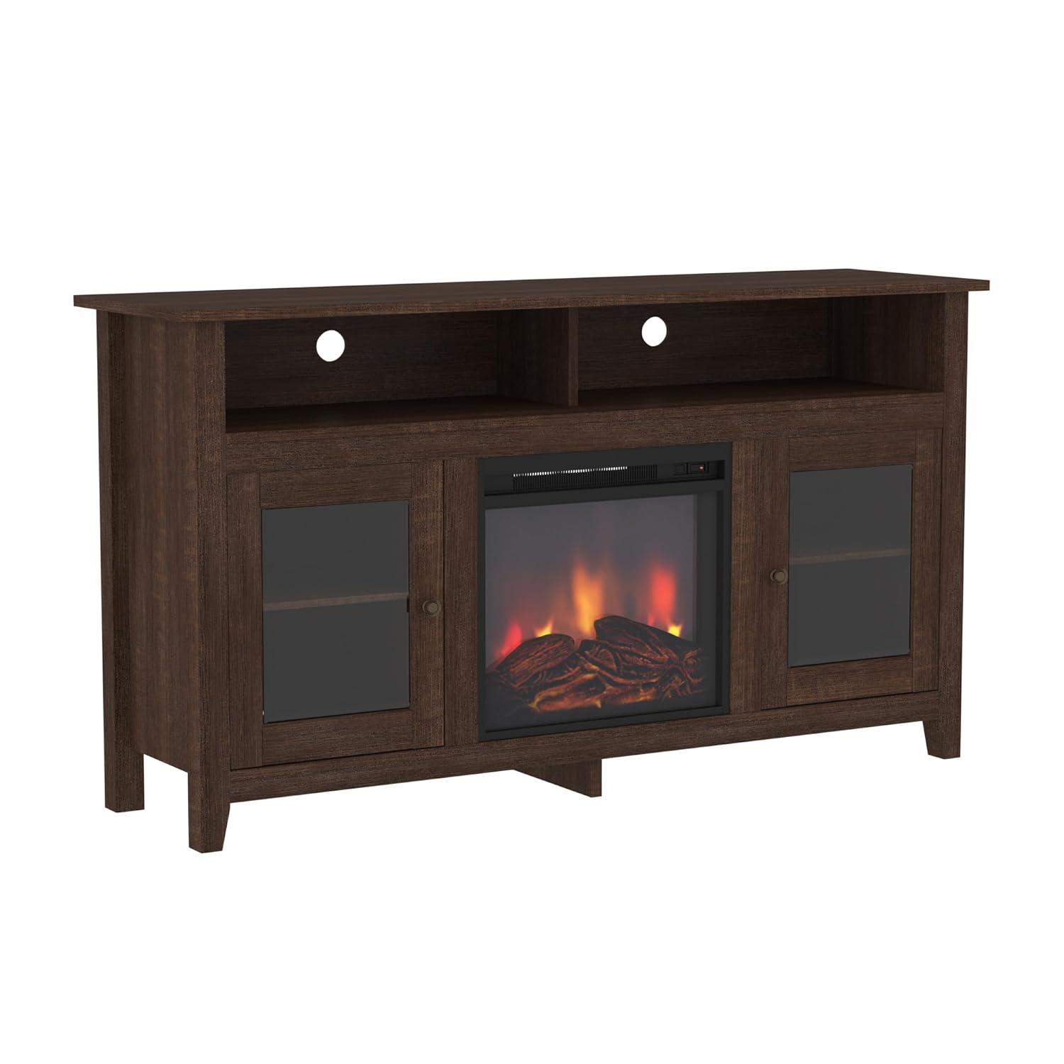 Espresso 58" Highboy Media Stand with Electric Fireplace and Cabinet