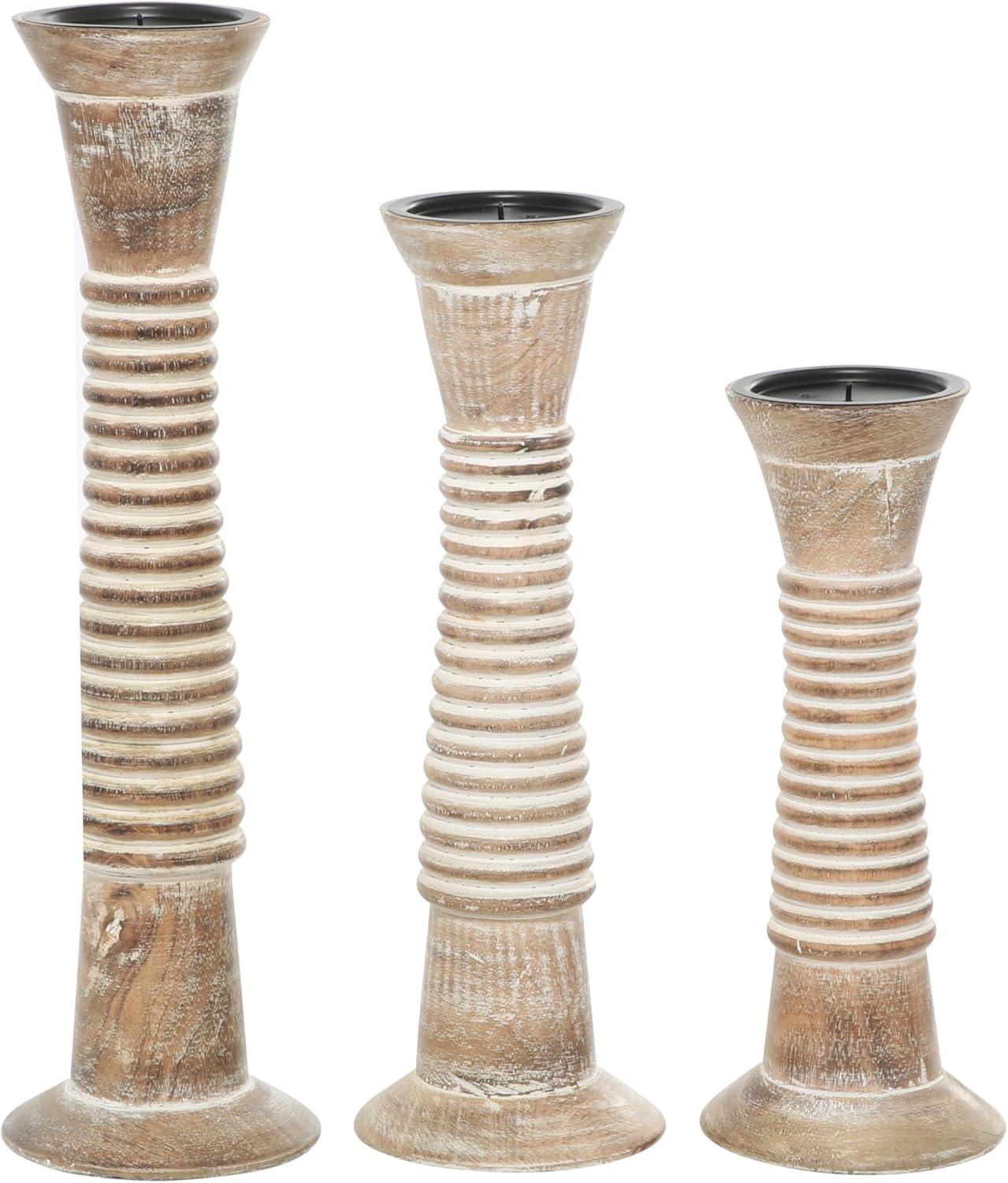 Elegant Rustic Wood Pillar Candlestick Trio, 18" Height