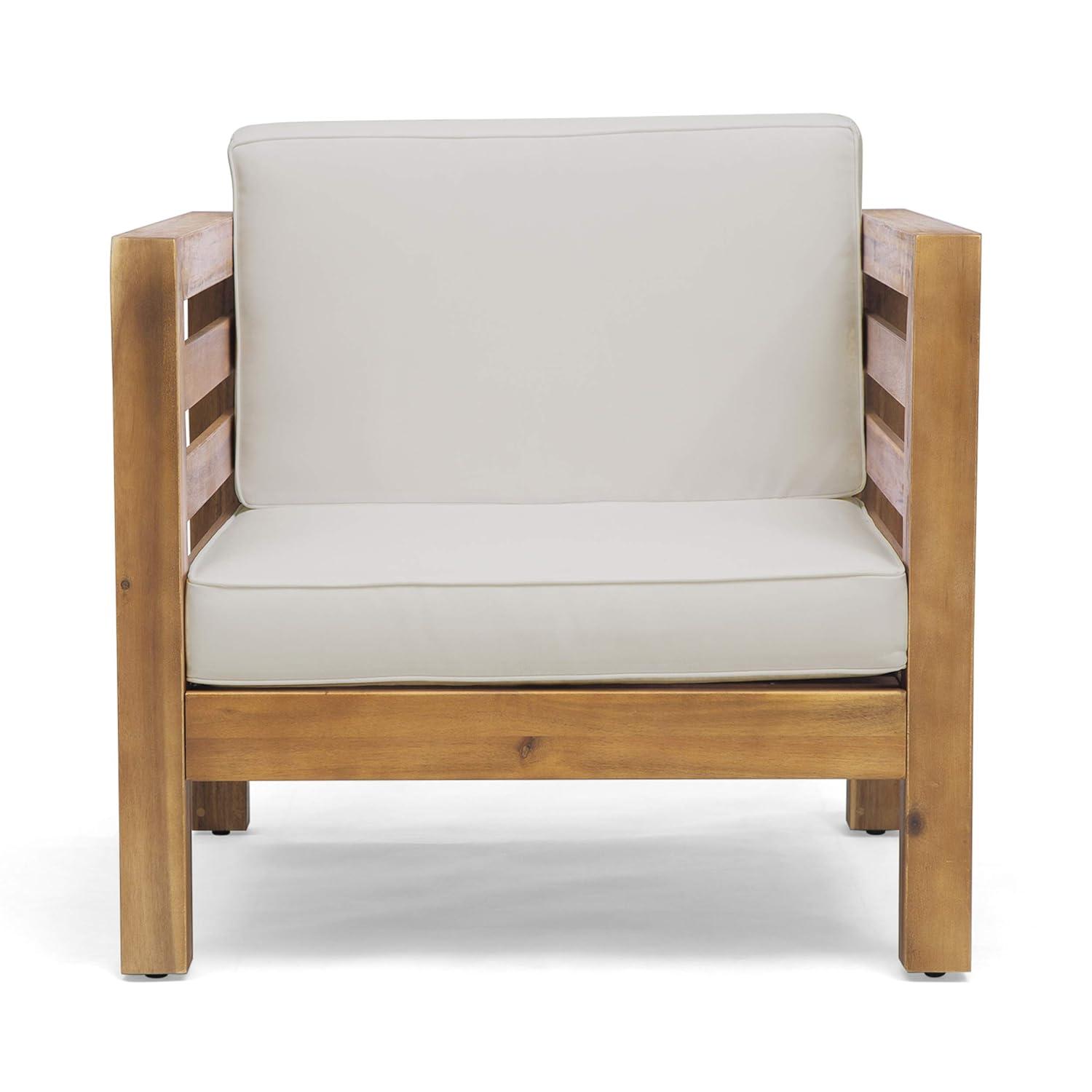 Frankie Outdoor Acacia Wood Club Chair with Cushion, Teak and Beige
