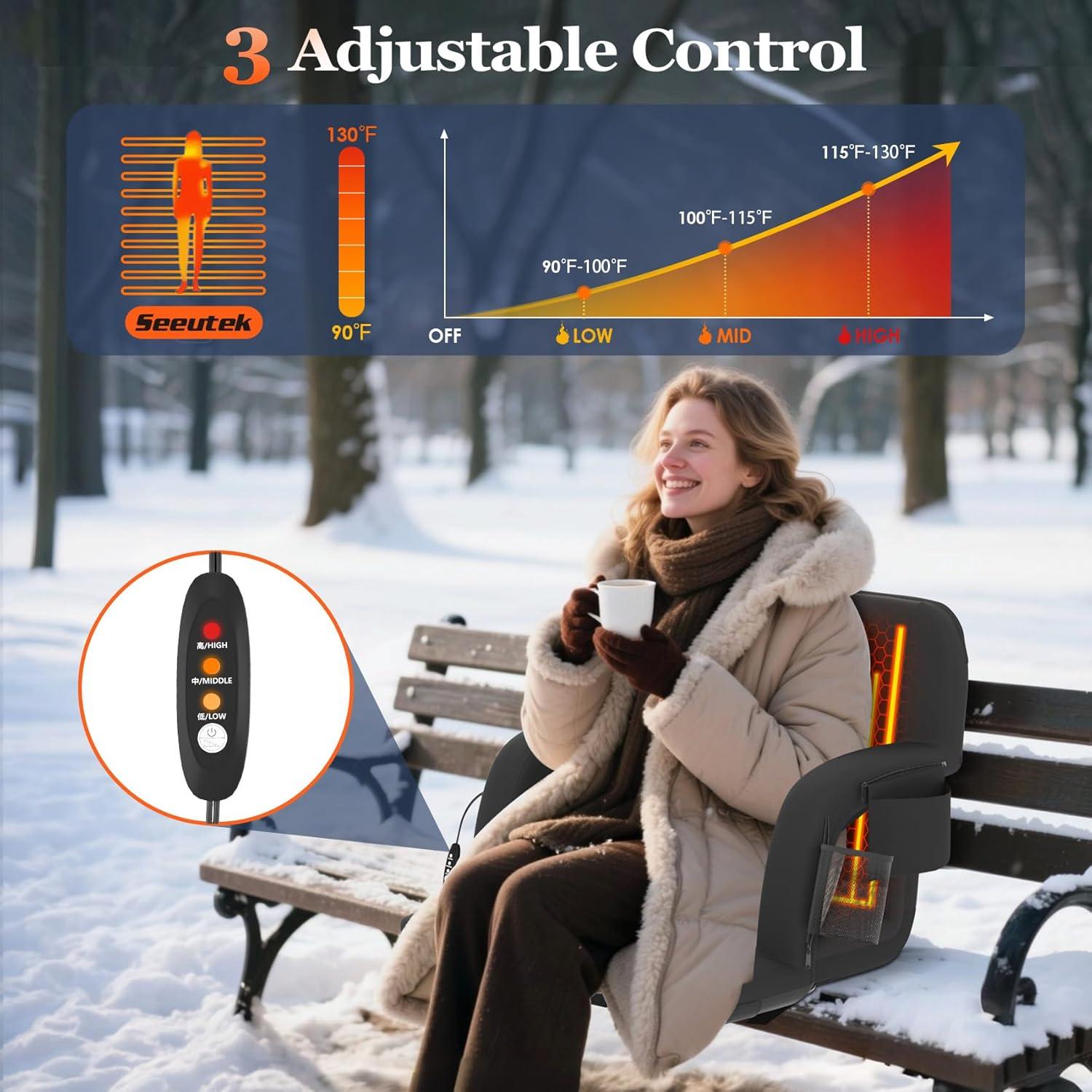 PNKKODW 21" 2PCS Foldable Heated Stadium Seats for Bleachers w/ Back Support, Extra Portable Bleacher Seat, USB 3 Levels of Heat, 5 Pockets for Outdoor Camping Games Sports(No Battery)