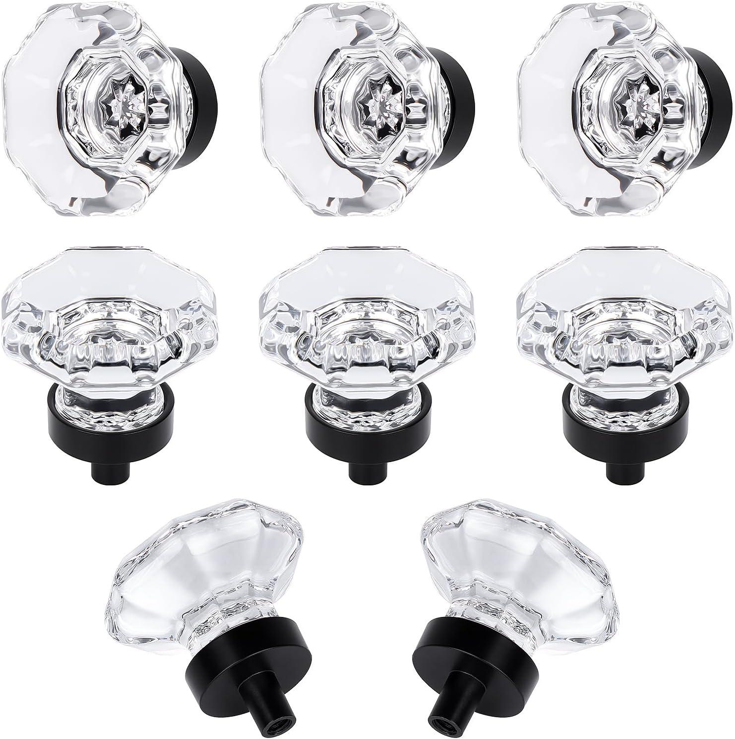 8 Pcs Crystal Cabinet Knobs, Glass Cabinet Knobs for Dresser Drawers, Kitchen Drawer Pulls Black Matte, Octagon