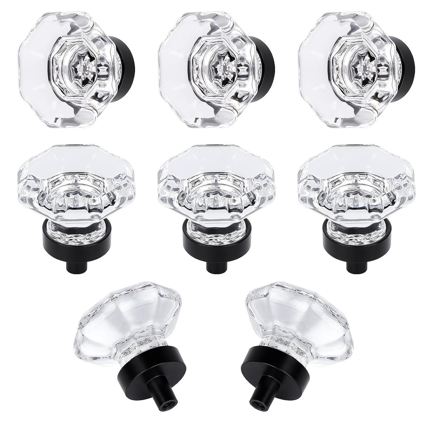 8 Pcs Crystal Cabinet Knobs, Glass Cabinet Knobs for Dresser Drawers, Kitchen Drawer Pulls Black Matte, Octagon