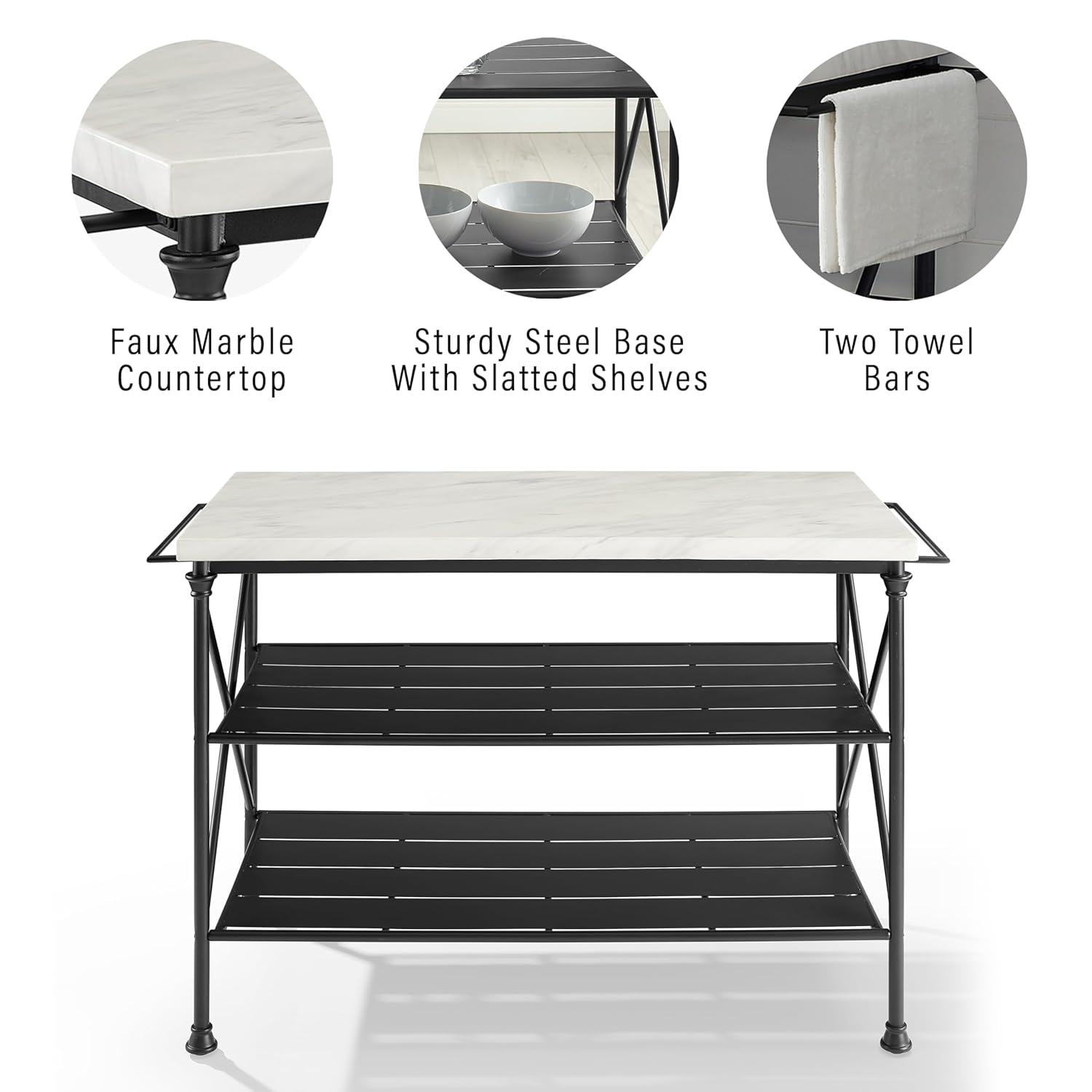 Crosley Madeleine Kitchen Island Matte Black: French Industrial Style, Steel Base, Open Storage Shelves, Towel Bars