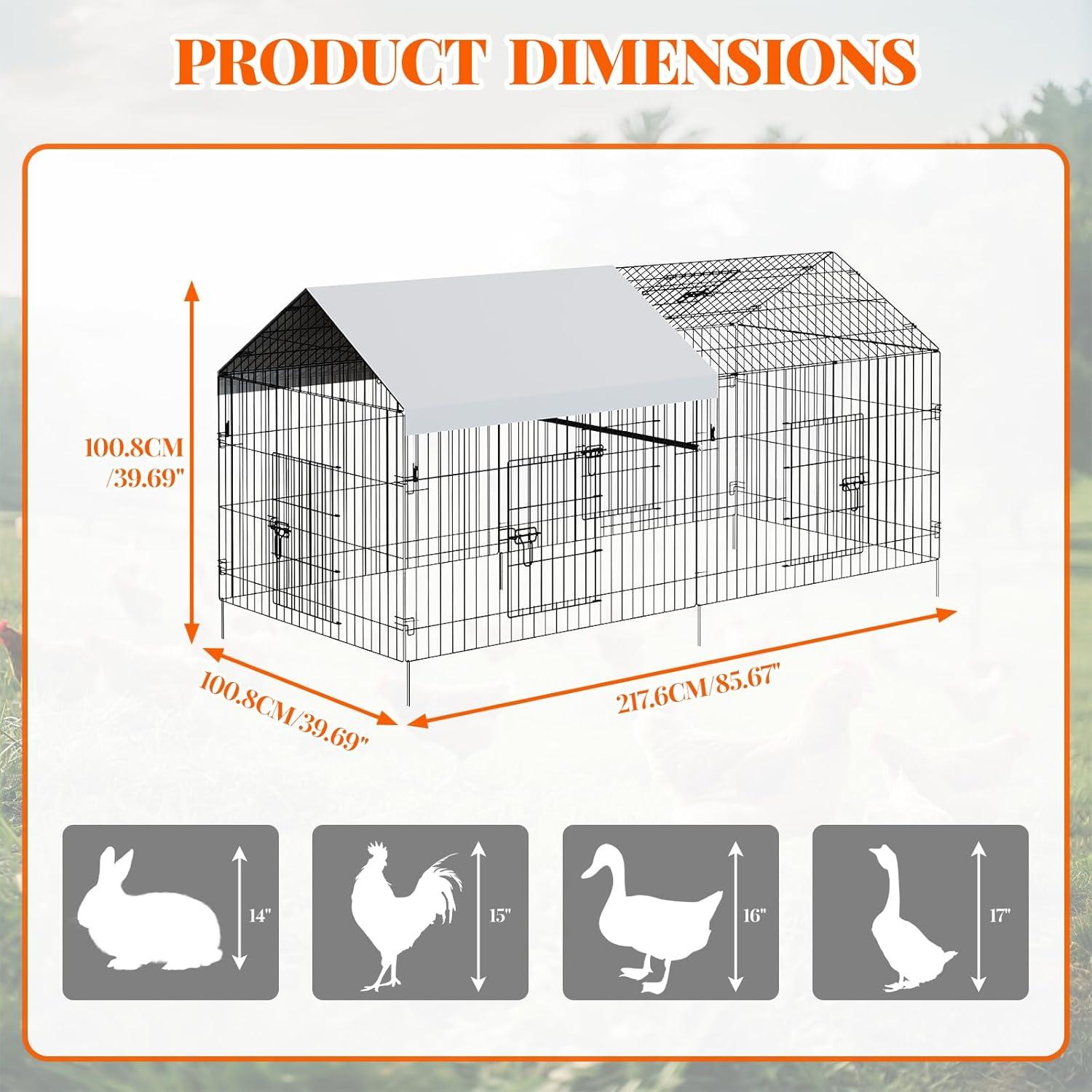 Metal Chicken Coop, 86 x 40 x 40 Inch Chicken Run for Yard with Waterproof Cover, Outdoor Portable Chicken Pen with 4 Doors, 1 Window, Chicken House for Small Animals Duck, Rabbit, Hen