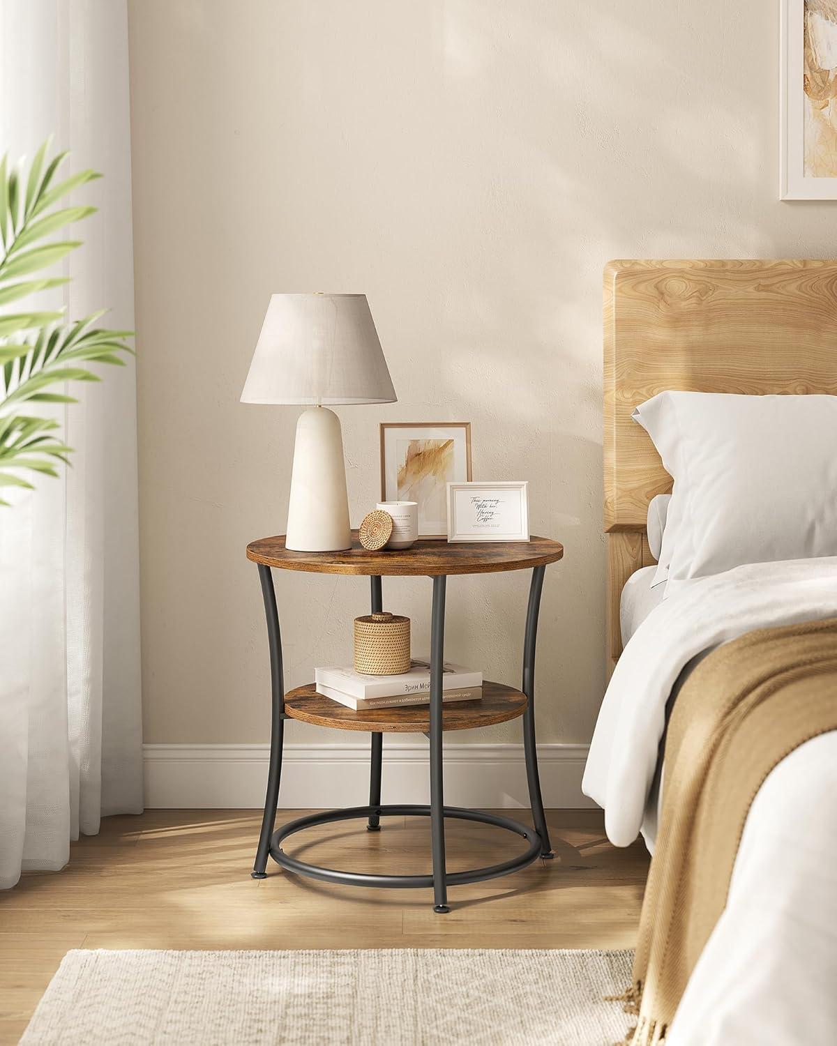 Rustic Brown Round Wood and Metal Side Table with Shelves