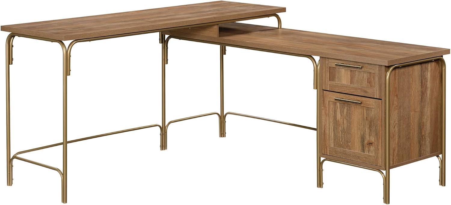 Sindoori Mango L-Shaped Wood Desk with Gold Frame