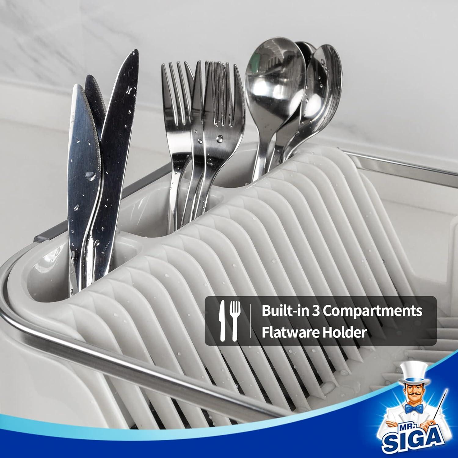 Compact White Plastic Dish Drying Rack with Utensil Holder