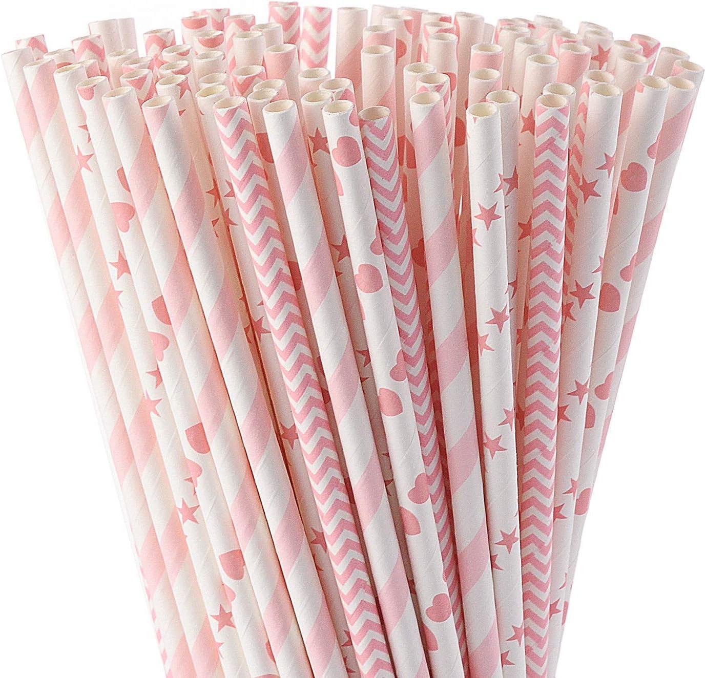 ALINK Biodegradable Paper Straws, 100 Pink and Gold Straws for Party Supplies, Birthday, Wedding, Bridal/Baby Shower, Christmas Decorations and Holiday Celebrations