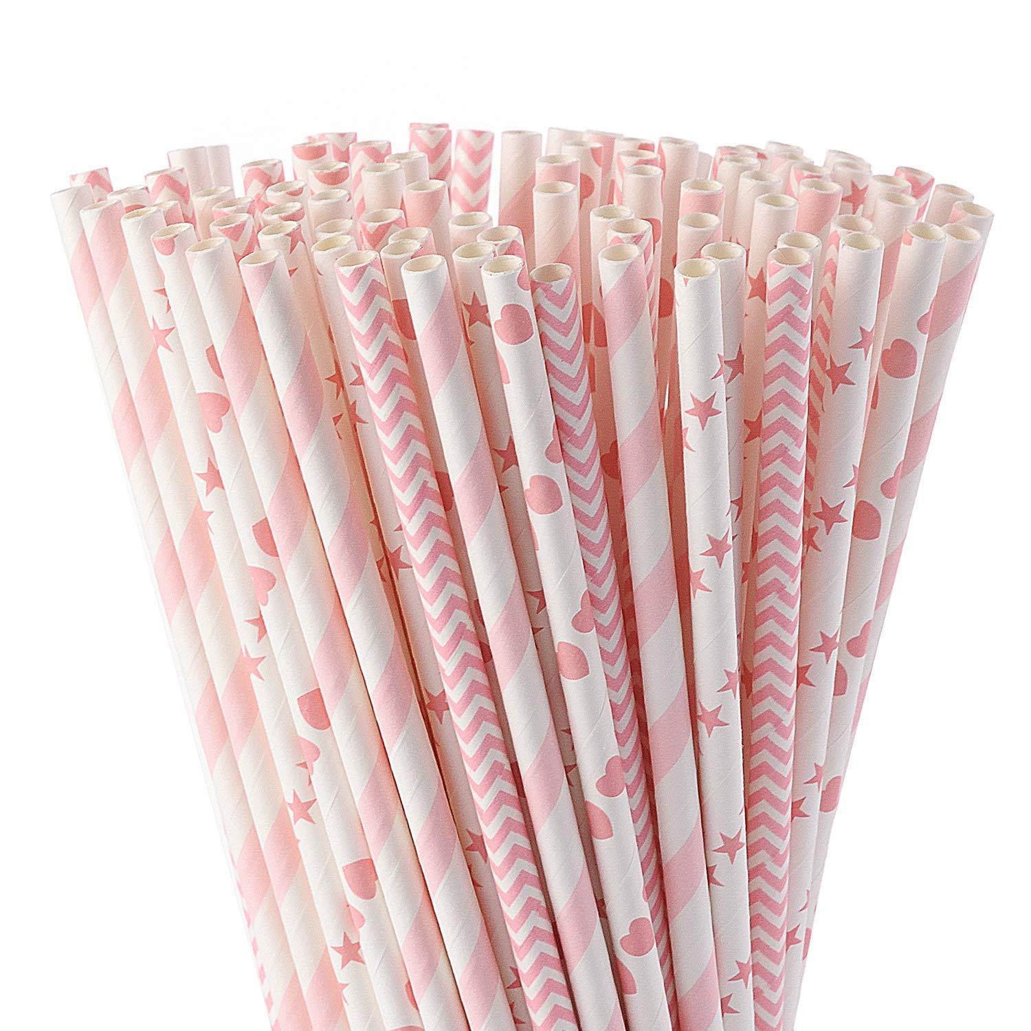 ALINK Biodegradable Paper Straws, 100 Pink and Gold Straws for Party Supplies, Birthday, Wedding, Bridal/Baby Shower, Christmas Decorations and Holiday Celebrations
