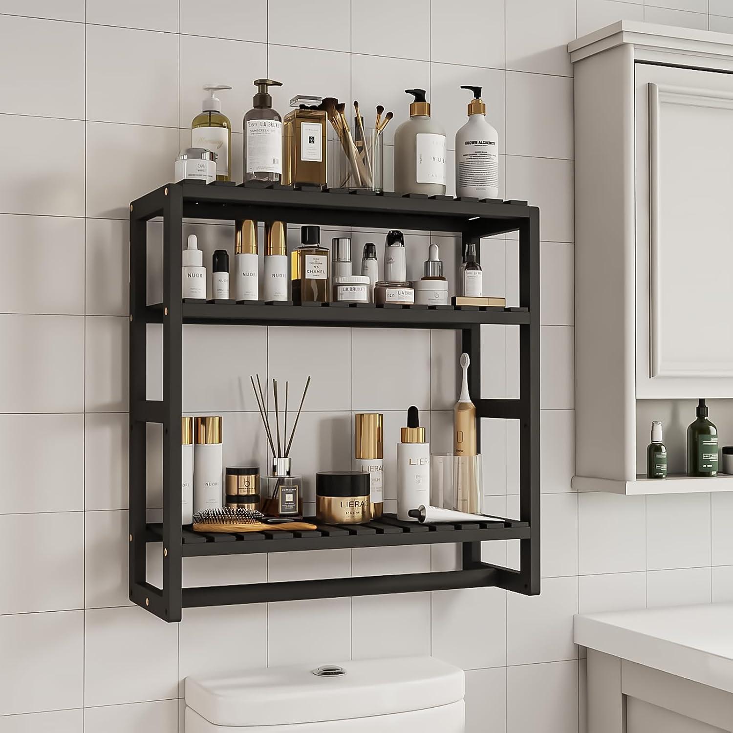 Bamworld Bamboo Bathroom Shelves Organizer Towel Rack for Storage Black Adjustable 3 Tiers Floating Shelf over the Toilet Storage with Hanging Rod