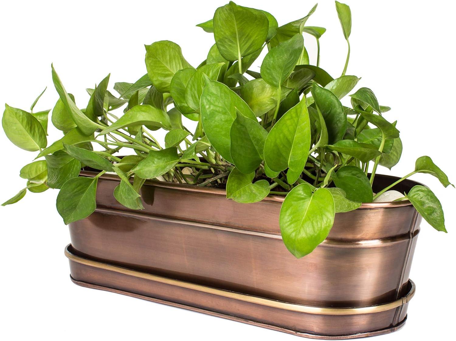 Antique Copper Rectangular Planter with Brass Accents and Tray