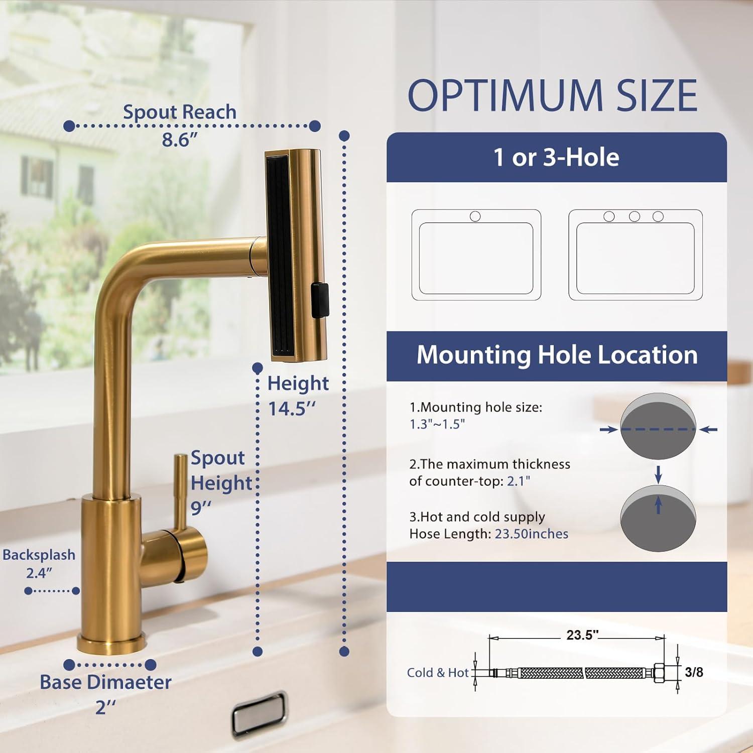 Kitchen Faucets with Pull Down Sprayer, Brushed Gold Waterfall Kitchen Sink Faucet with Soap Dispenser, Single Hole Stainless Steel Kitchen Faucet, Modern Single Handle Pull Out Kitchen Faucet