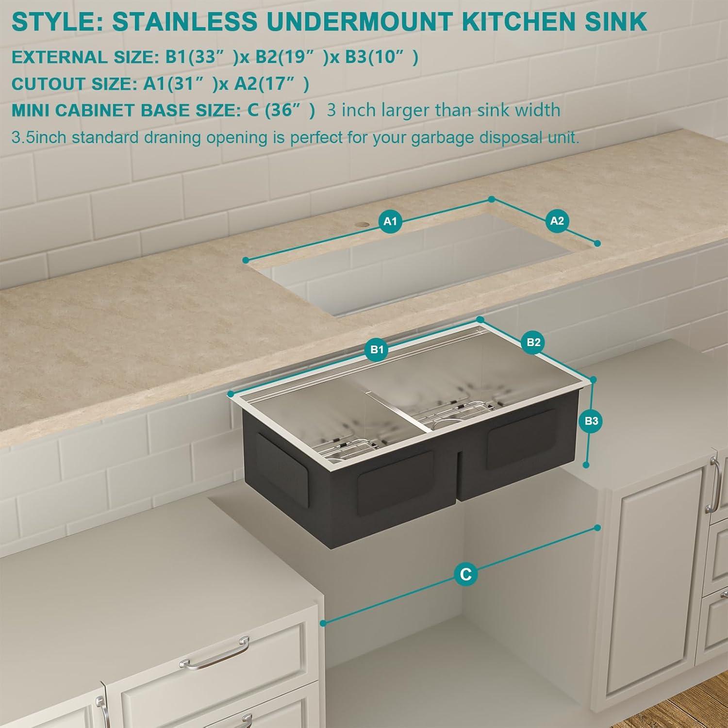 Double Bowl (60/40) Undermount Sink, 33"x19" Gunmetal Black Double Bowl Kitchen Sink 16 Gauge with Two 10" Deep Basin, X Grooves Engineered for Easy Draining
