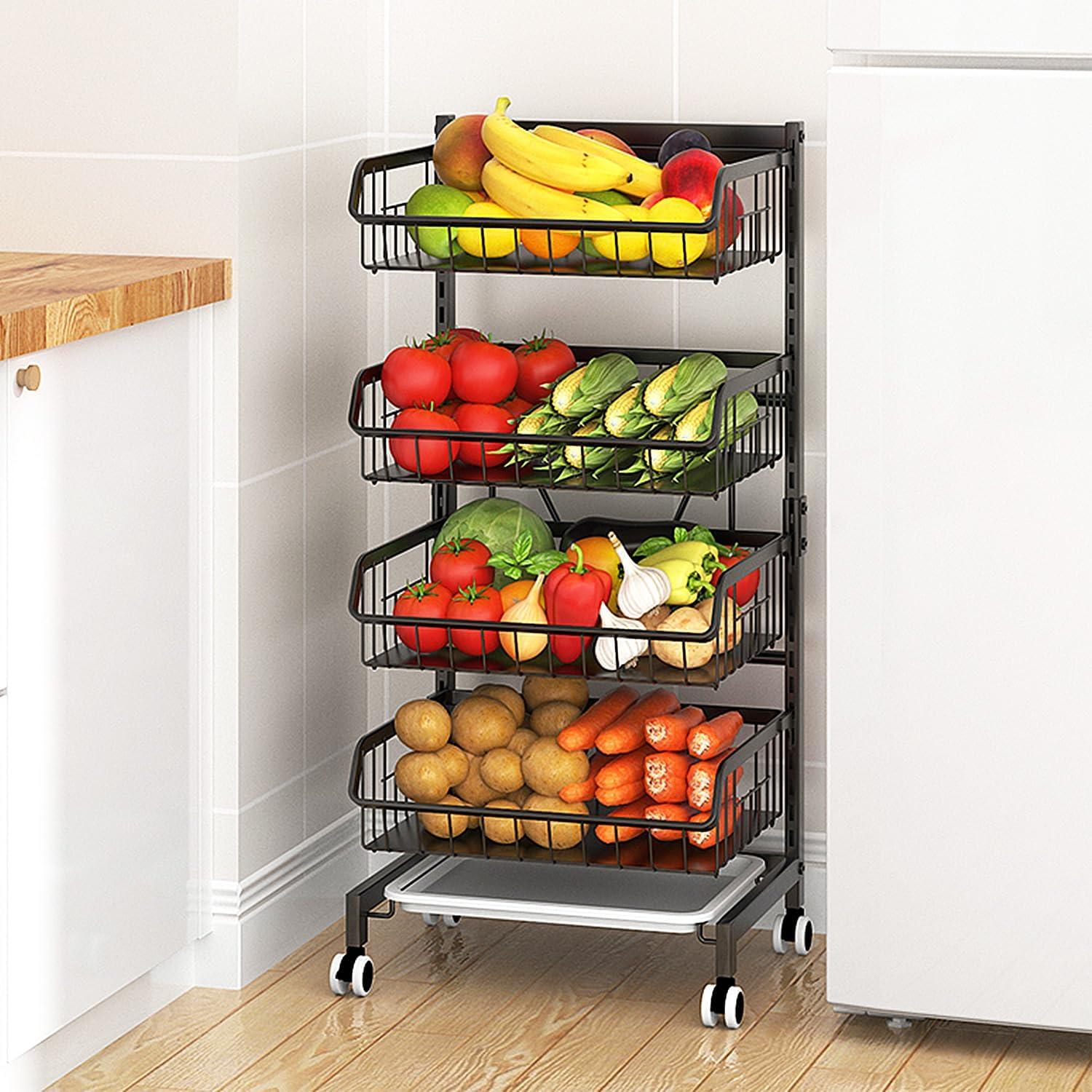 Black 4-Tier Metal Wire Rolling Kitchen Storage Cart