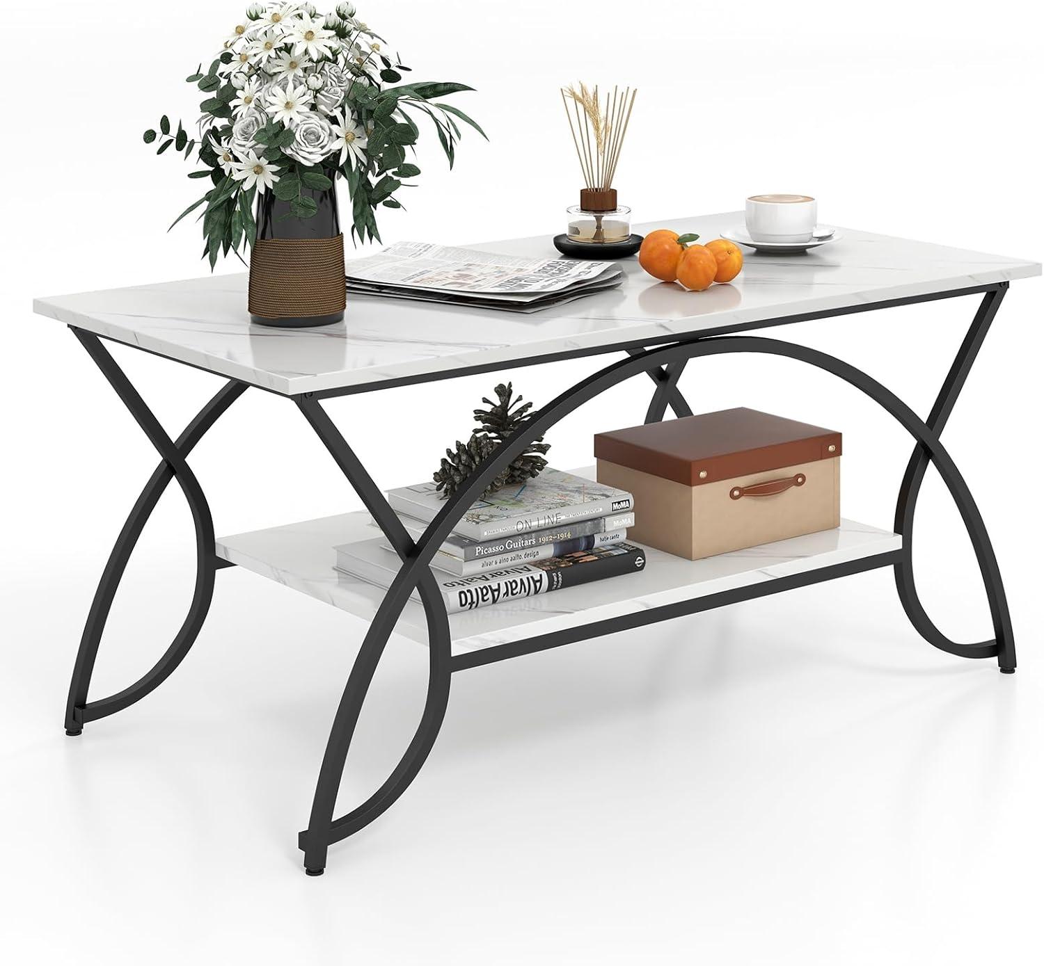 Kepooman Coffee Table,Center Table, Modern Sofa Table Tea Table,2-Tier Faux Marble Coffee Table with Marble Top and Metal Frame-Black & White