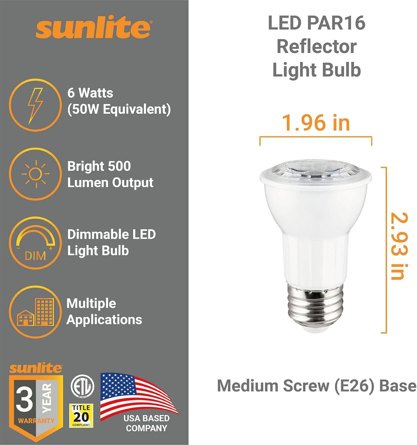 Sunlite LED PAR16 Reflector Light Bulb, 6 Watts (50W Equivalent), Medium E26 Base, Dimmable,ETL Listed, 5000K Daylight, 6-Pack