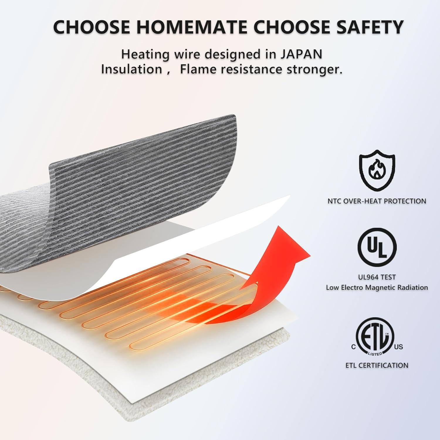 Homemate Heated Blanket Electric Throw - 50"x60" Heating Blanket Throw 1/2/4/6/8 Hours Auto-Off 10 Heat Levels Over-Heat Protection Soft Flannel Sherpa Heater ETL Certification