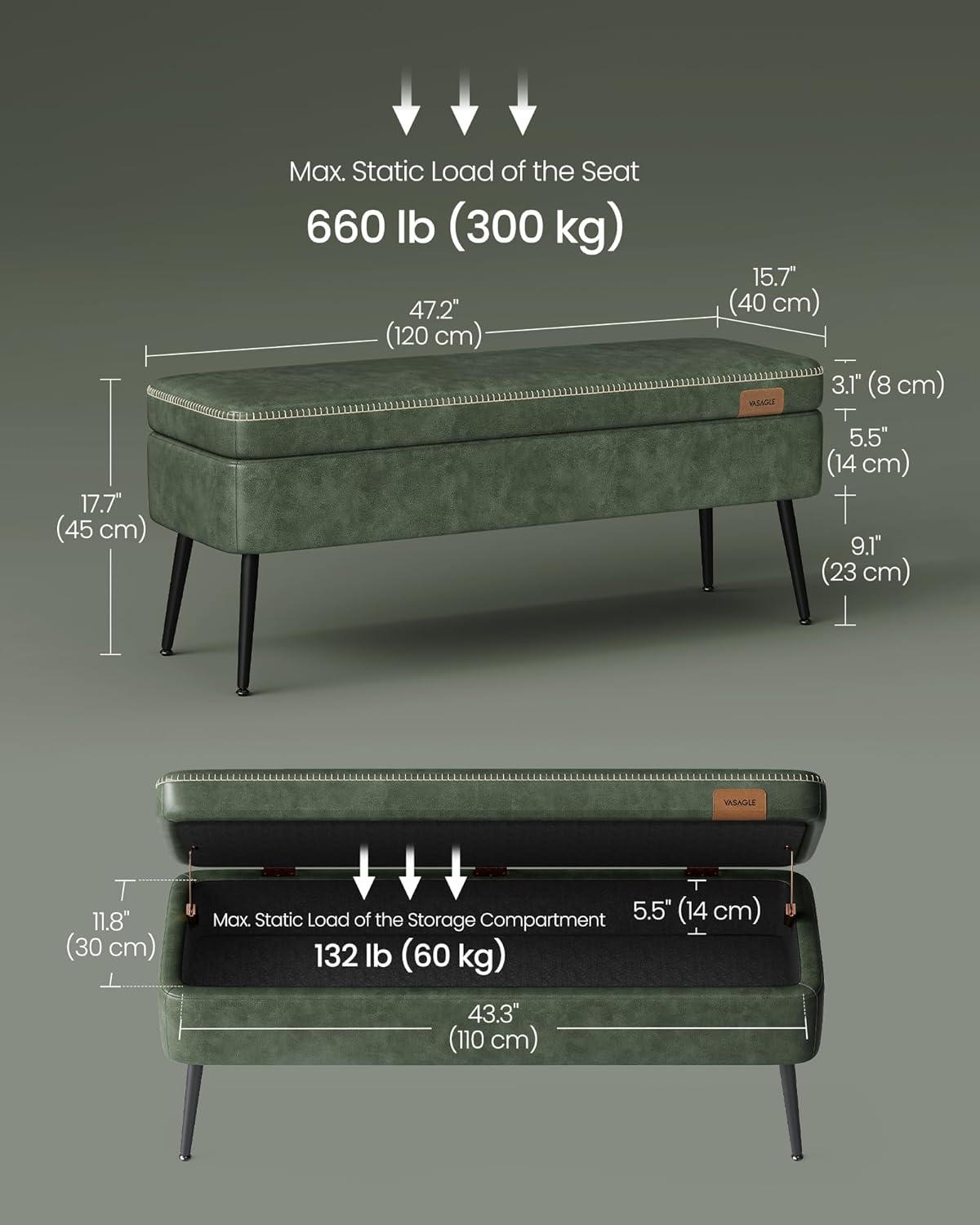 VASAGLE EKHO Collection - Storage Ottoman Bench Leather Entryway Bedroom Bench 15 Gallons for Bedroom Living Room Loads 660 lb Forest Green