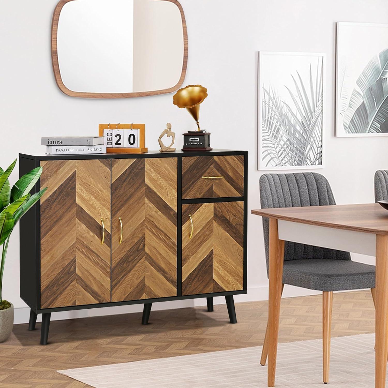 Accent Cabinet, Black Storage Cabinet with Doors Mid Century Modern Sideboard Buffet Cabinet with Storage Shelves Small Wood Accent Cabinets for Living Room Entryway Office, Brown Herringbone
