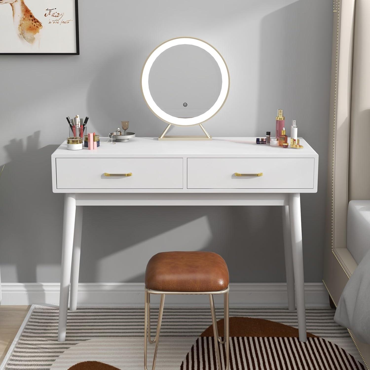 Small White Desk with 2 Drawers, Modern Writing Desk for Small Spaces, Home Office Desk for Study, Laptop Computer Desk for Work, Makeup Vanity Table for Bedroom (White)