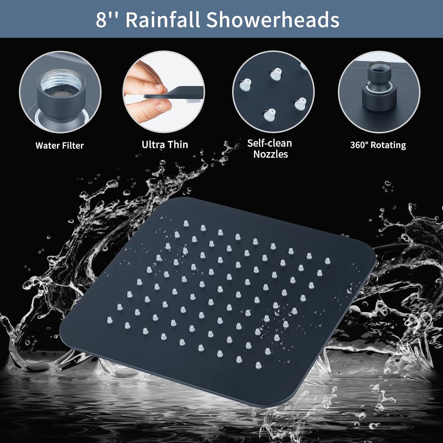8" Dual Shower Head Combo, Rainfall Shower Head with Handheld, 6 Spray Settings Angle Adjustable Handheld Shower Head with Pause, Height Adjustable, Matte Black